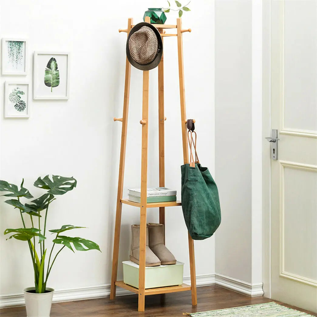 Bamboo Coat Rack Free Standing 2-Shelves Clothing Storage Garment Organizer Stand with 8 Hooks Clothes Poles 55kg Load-bearing f