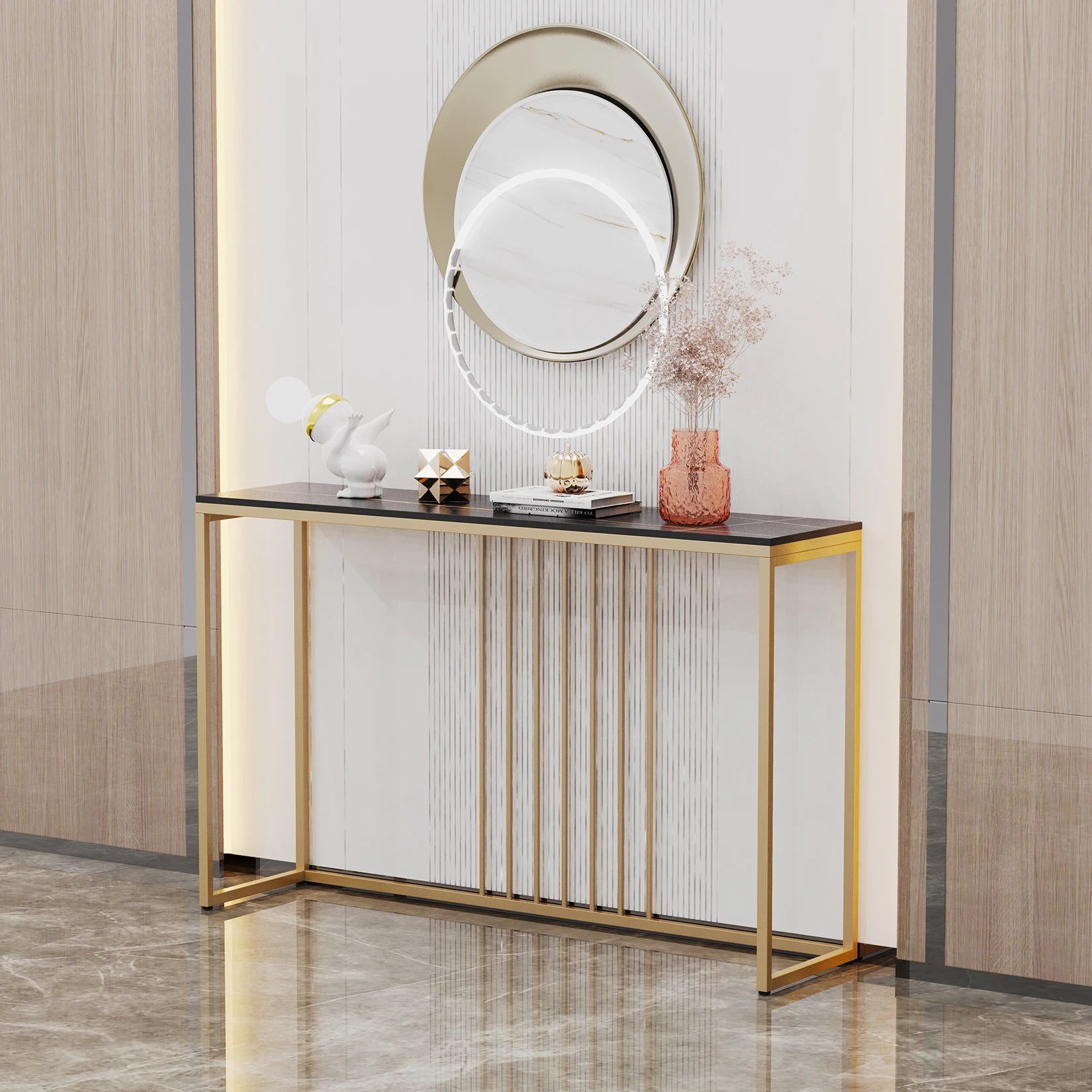 47.2" Extra Long Console Table Sintered Top Gold Metal Leg Sofa Table for Hallway Entryway