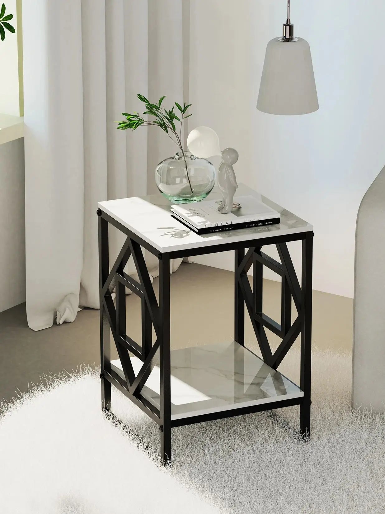 White Marble Top Side Table Sofa End Table Bedside Nightstand Black Coated Frame