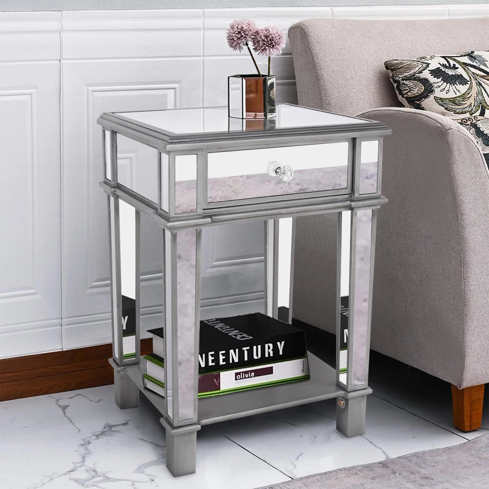 Heavy Duty Mirrored Nightstands Modern Bedside Table 1 Drawer Glass Side End Table Silver Dresser for Bedroom