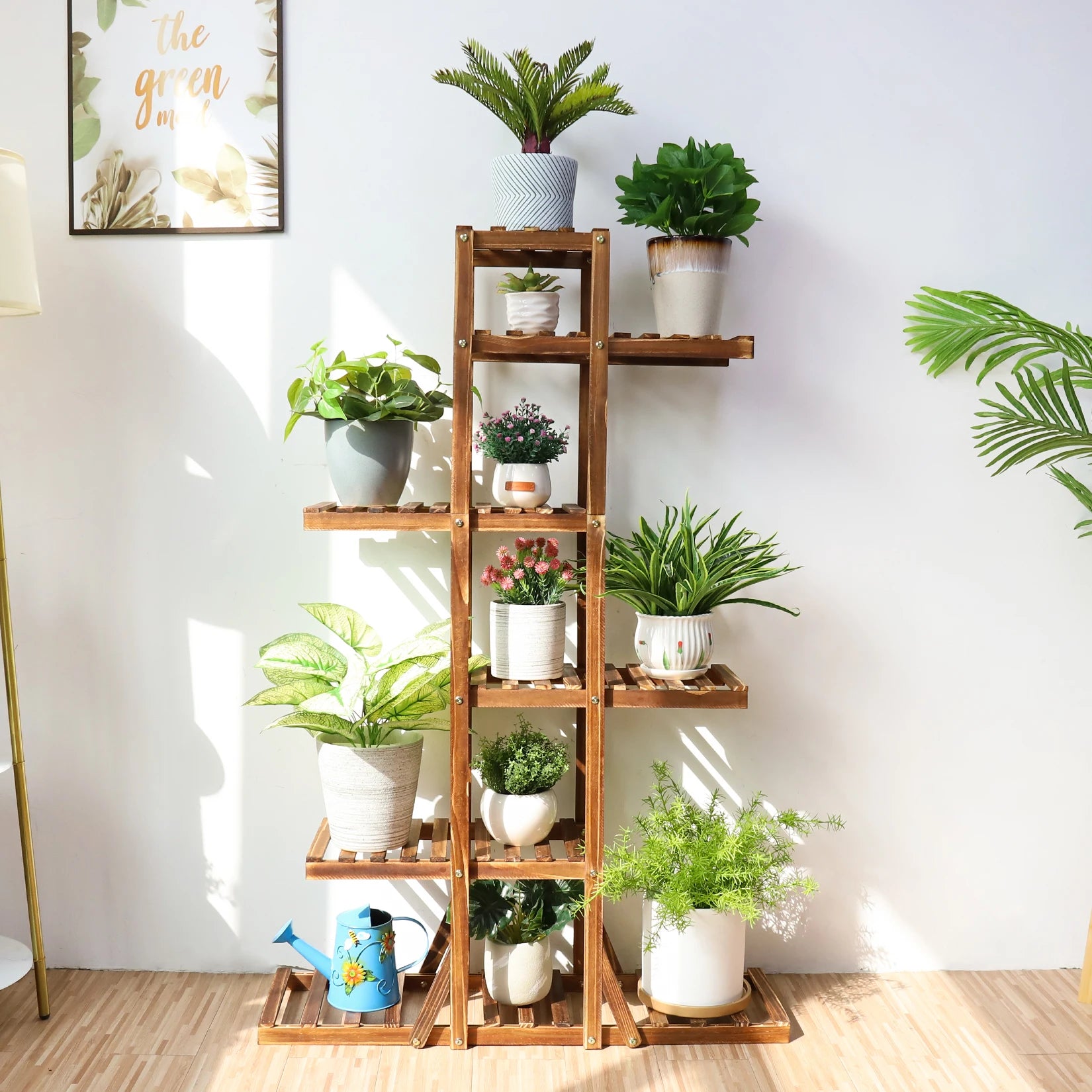 6 Tier Wooden Plant Stand Carbonized Wood Plant Stand Holder Flower Display Stand Flower Pot Rack Bonsai Display Bench Patio She