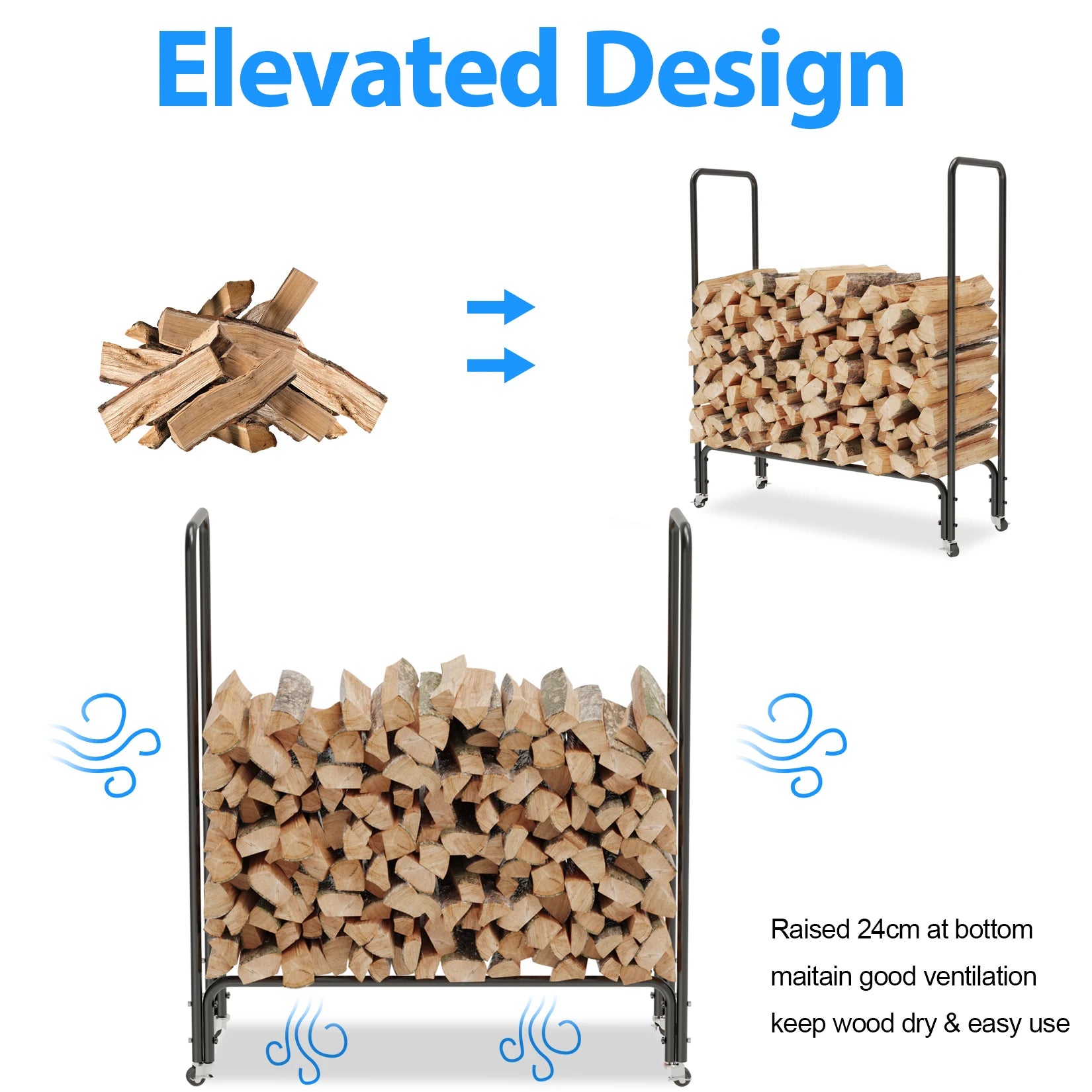 Firewood rack log holder with wheels, 4FT Outdoor Indoor Firewood Rack Upgraded Heavy Duty Fire Wood Racks for Patio, Deck