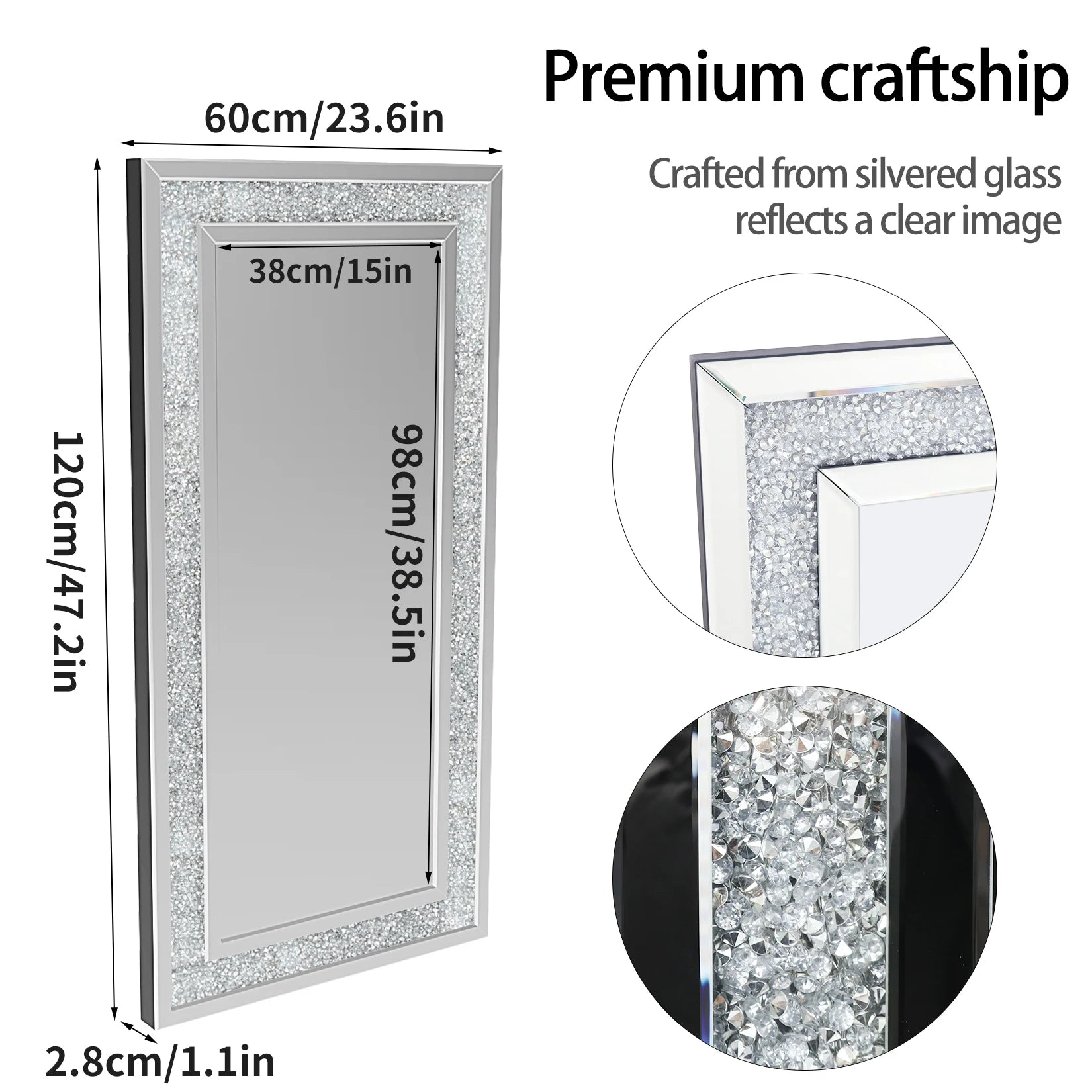 48" x 24" Crush Diamond Wall Mirror Large Decorative Glam Silver Vanity with Beveled Glass Sparkly Crystal Frame Edge