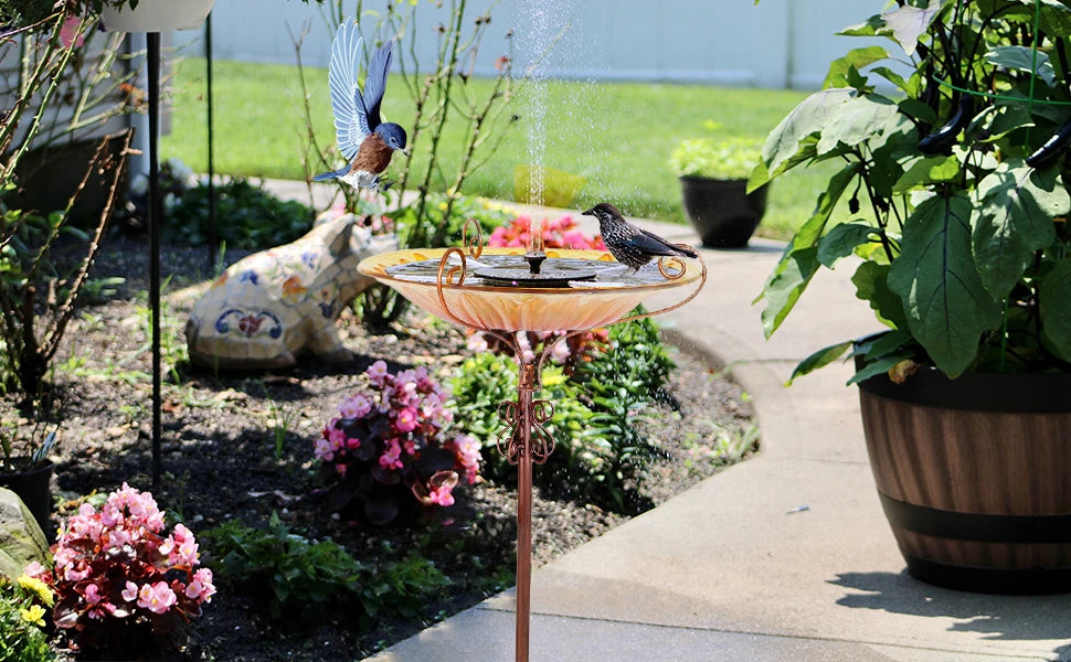 25 Inch Height Glass Birdbath Birdfeeder with Metal Stake Garden Outdoor