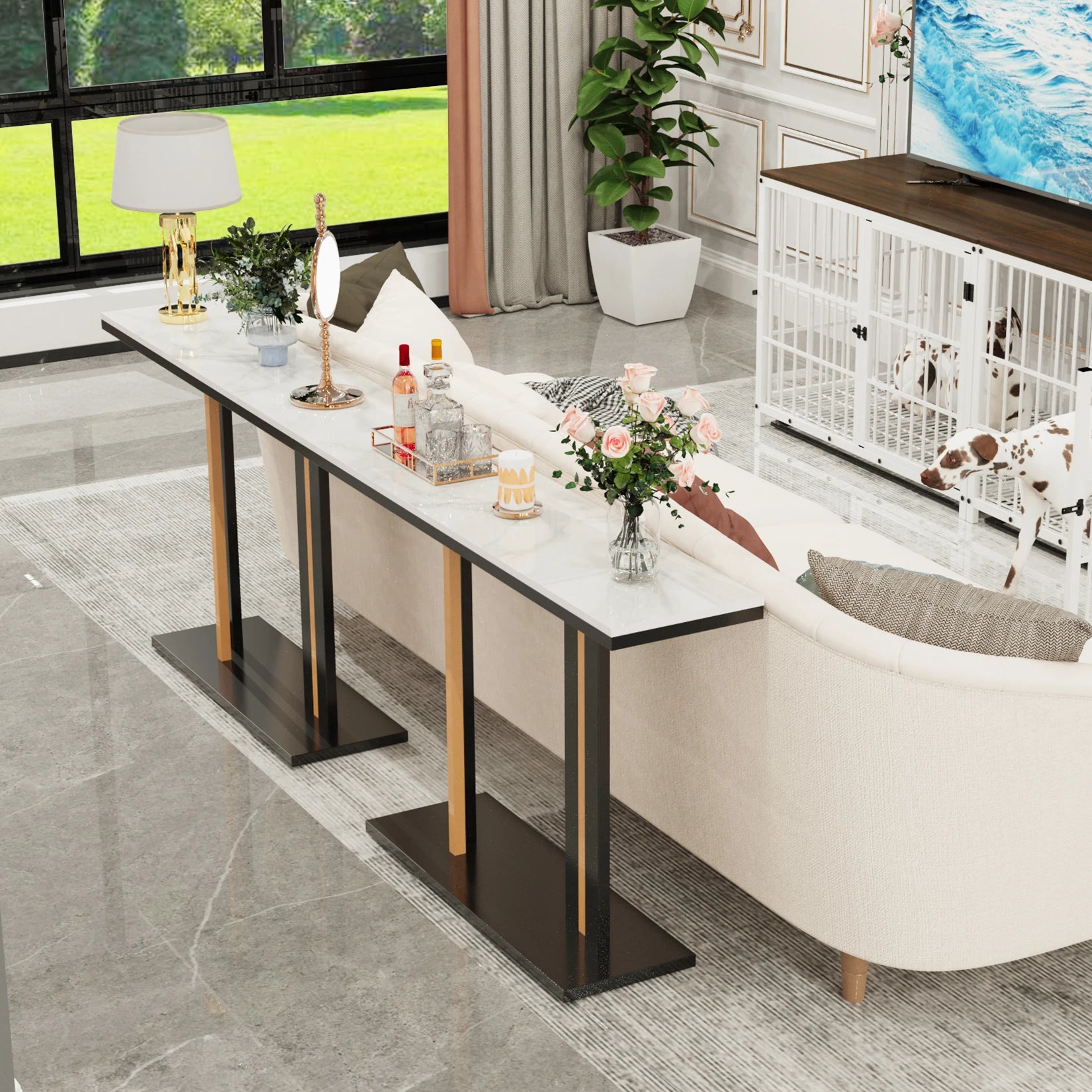 Contemporary Style Console Table with Stone Top and Pedestal Base for Hall Marble Slate Narrow Table Against The Wall Porch