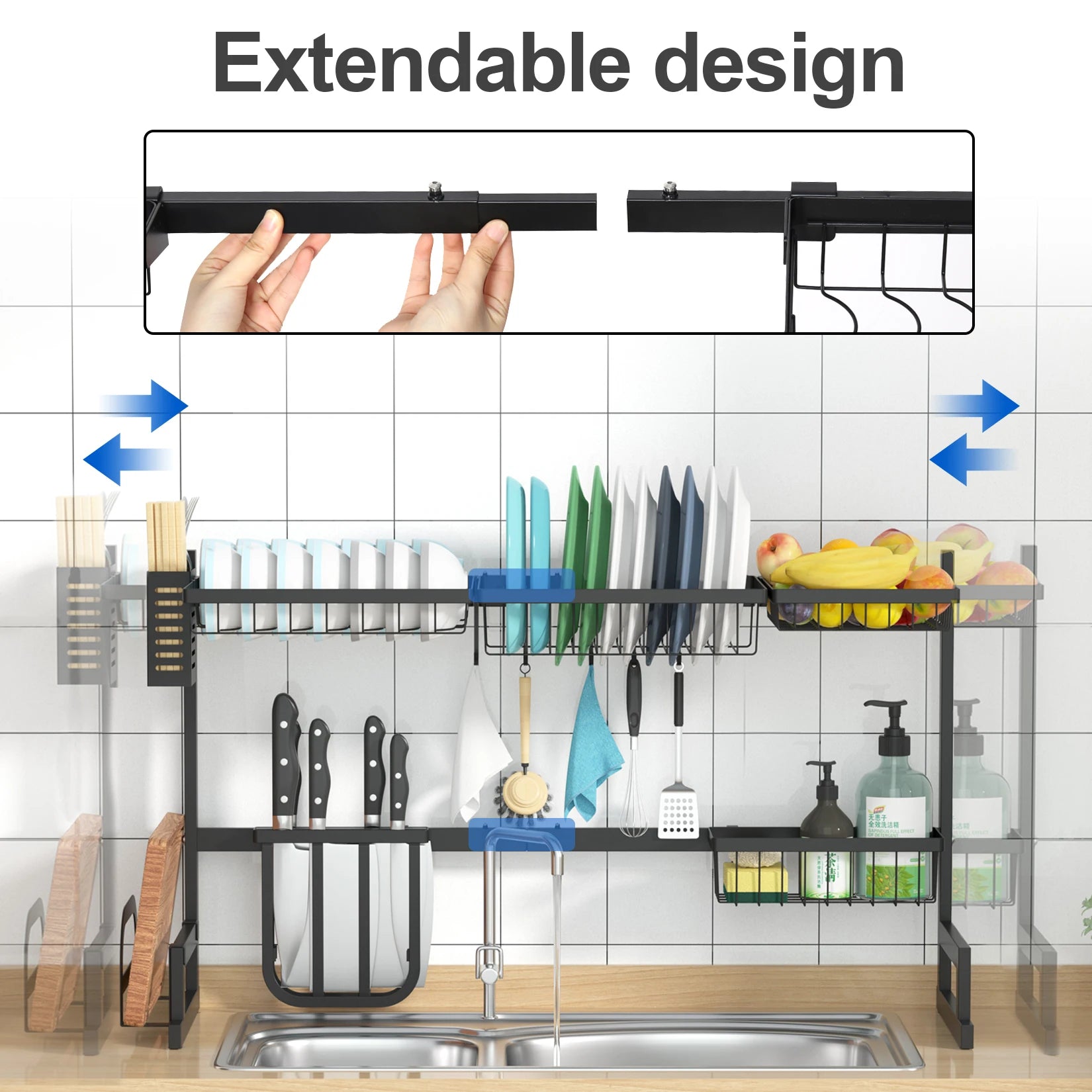 Adjustable Large Dish Drying Rack Metal Over the Sink Storage 2-Tier Kitchen Organizer with Utensils Holder, Chopstick Holder