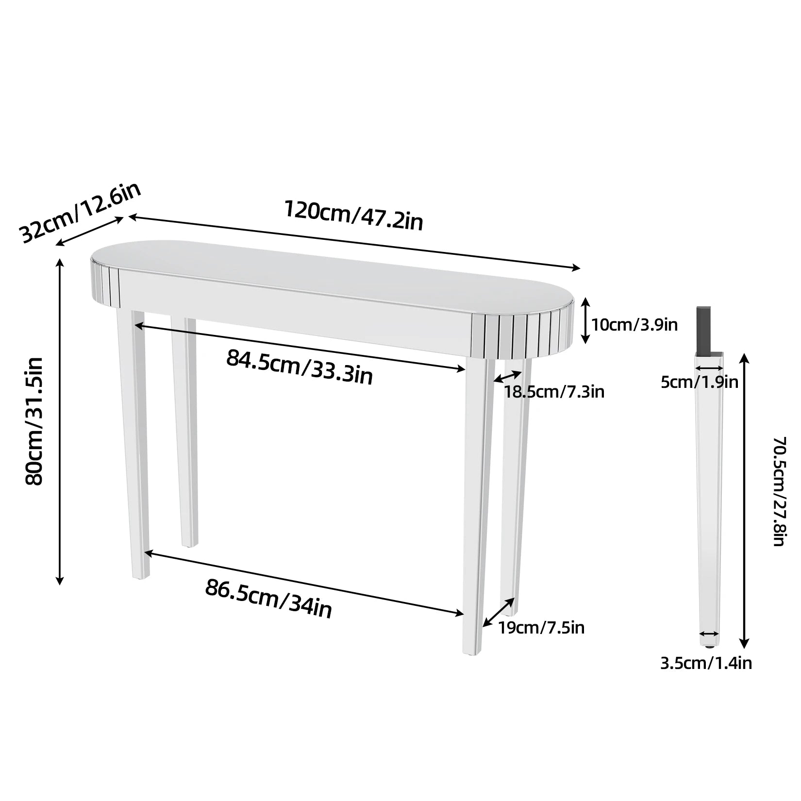 Mirrored Console Table,Mirrored Makeup Vanity Table Desk for Women Home Office Writing Desk Smooth Finish