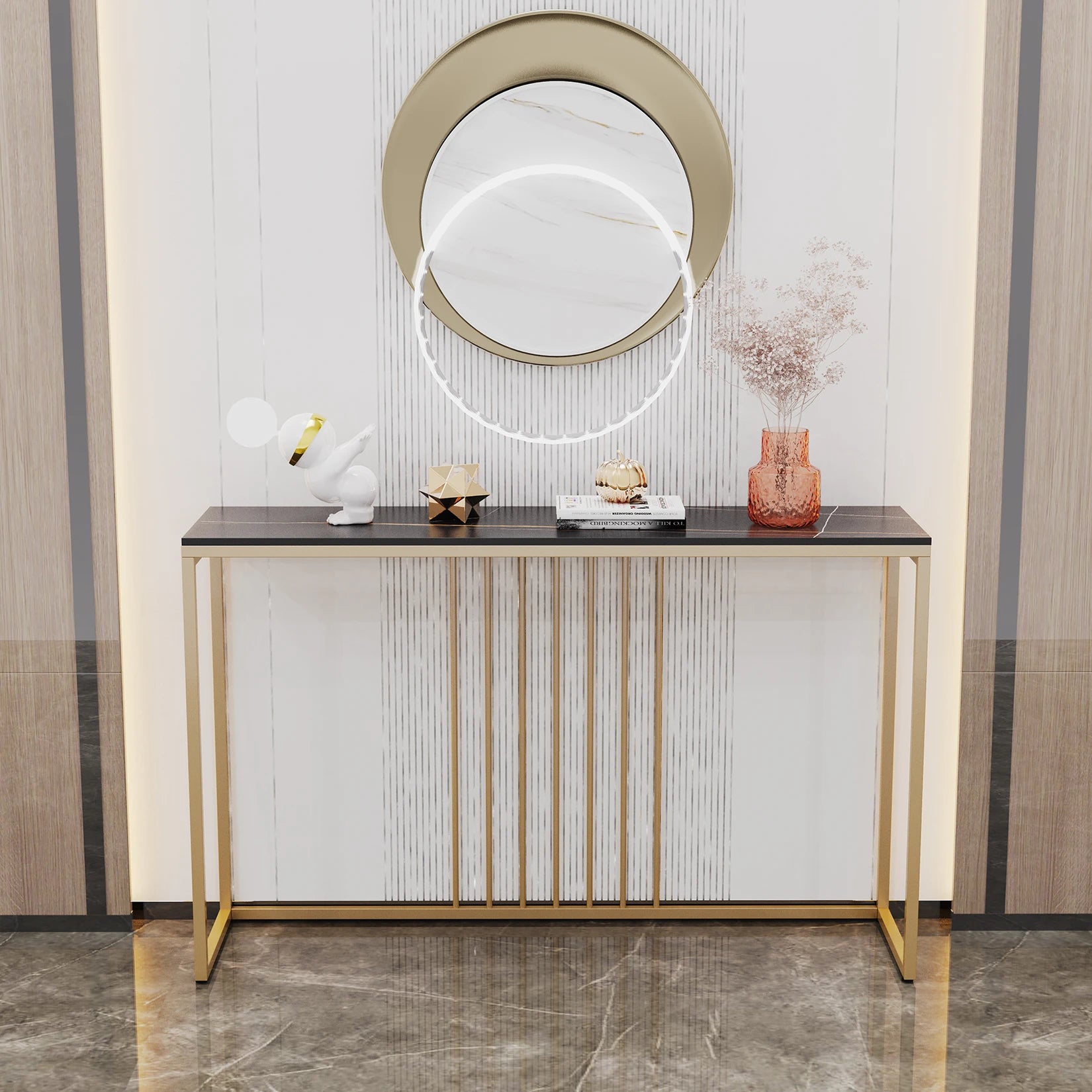 47.2" Extra Long Console Table Sintered Top Gold Metal Leg Sofa Table for Hallway Entryway