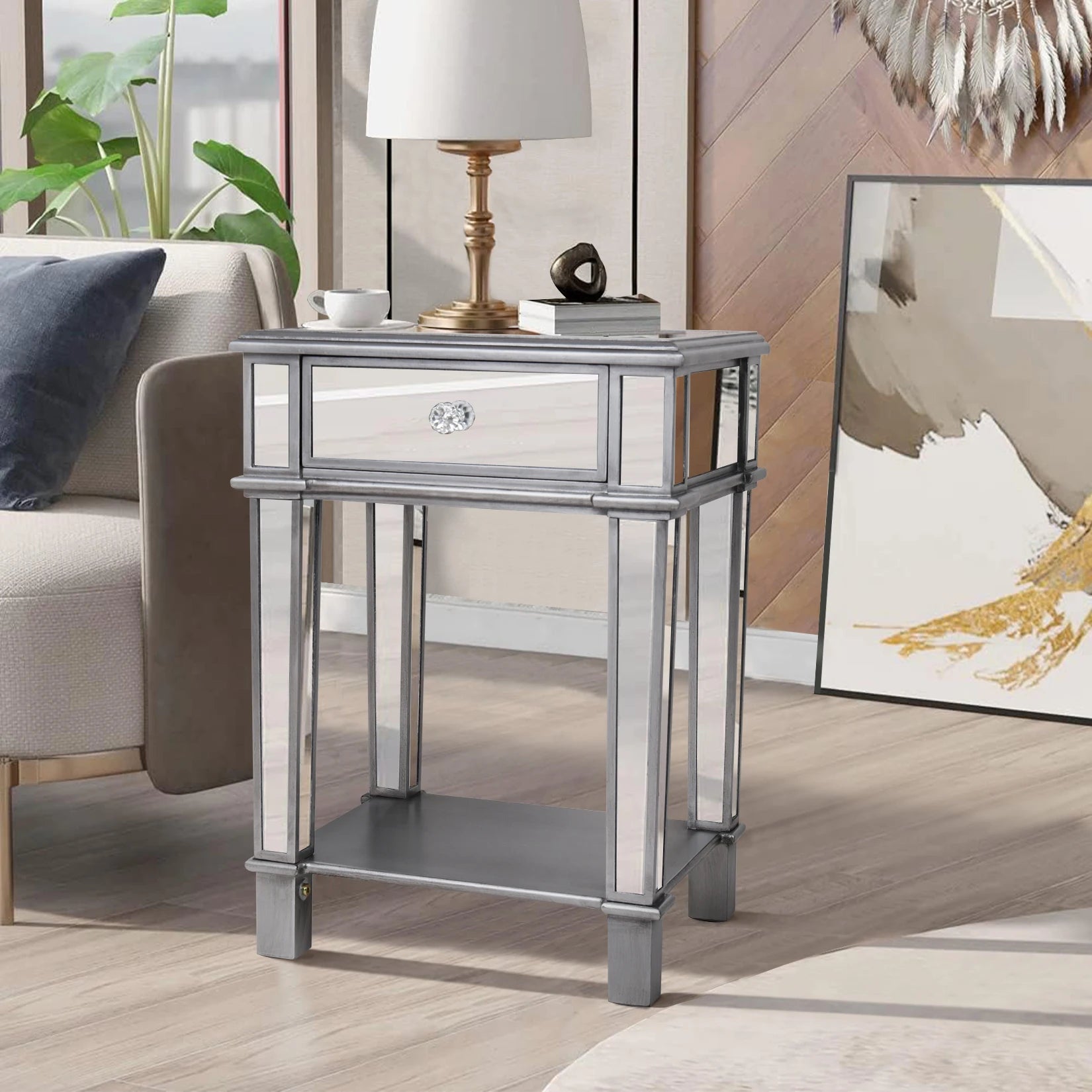 Heavy Duty Mirrored Nightstands Modern Bedside Table 1 Drawer Glass Side End Table Silver Dresser for Bedroom