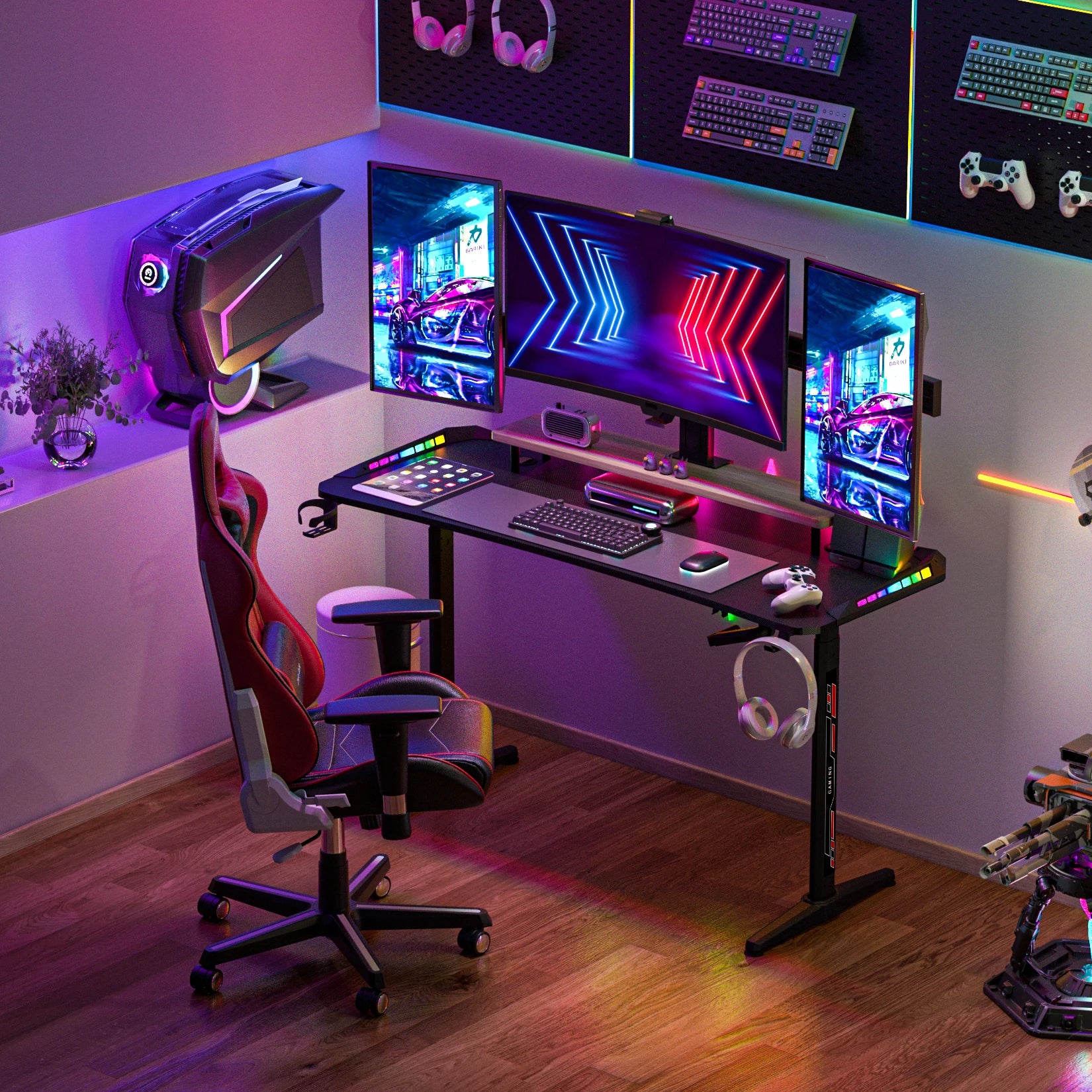 Height Adjustable Gaming Desk Standing Desk, Large Gaming Computer Desk with RGB LED Lights for Gaming and Home Office,Black