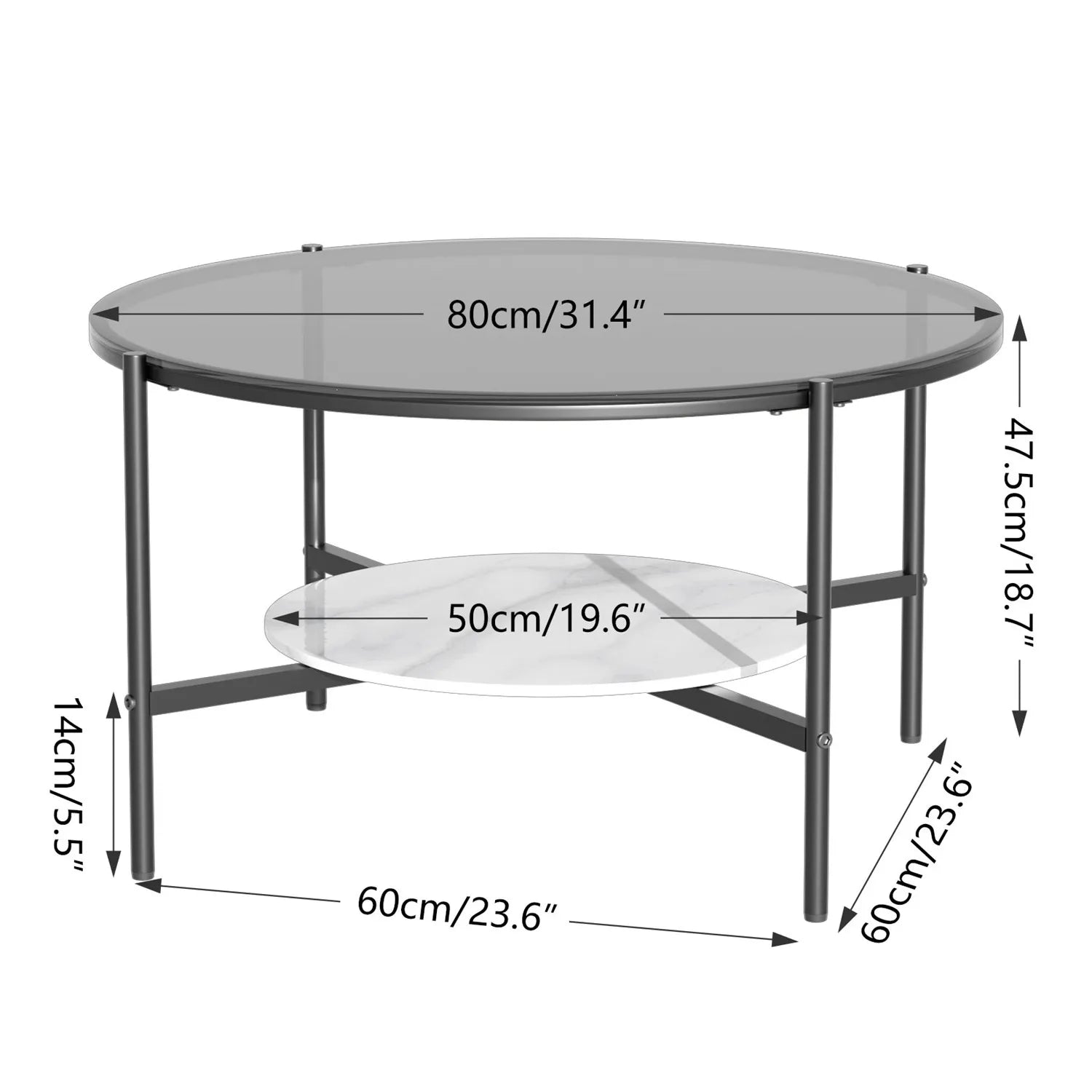 Round Coffee Table 2-Tier 32inch Luxury Modern Center Table with Large Tempered Glass Top and Sintered Stone Low Storage Shelf