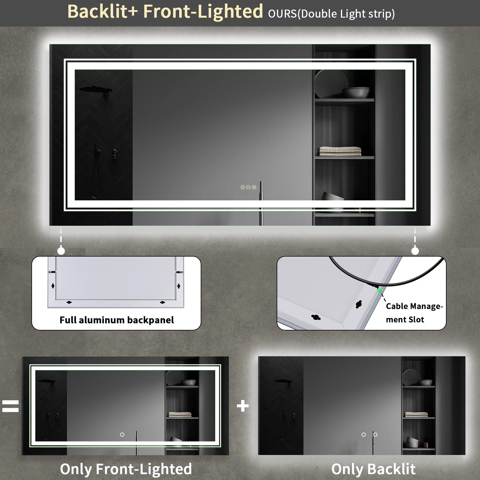 LED Bathroom Mirror Large Illuminated Dimmable Vanity Mirror with Lights, Backlit and Front Lighted Makeup Mirror for Wall