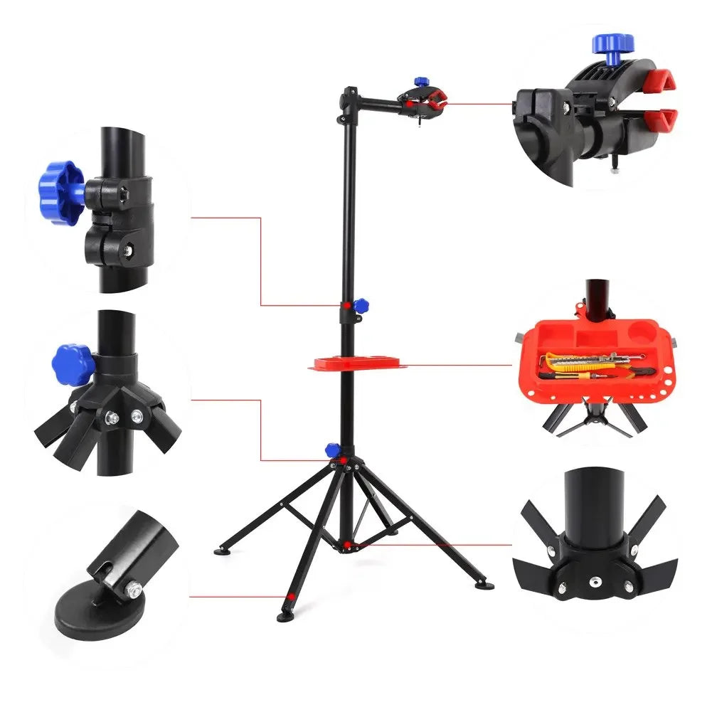 Mechanic Bicycle Repair Workshop Stand Foldable Maintenance Cycle Rack w/Tool Tray Height Adjustble Extensible Bike Repair Rack