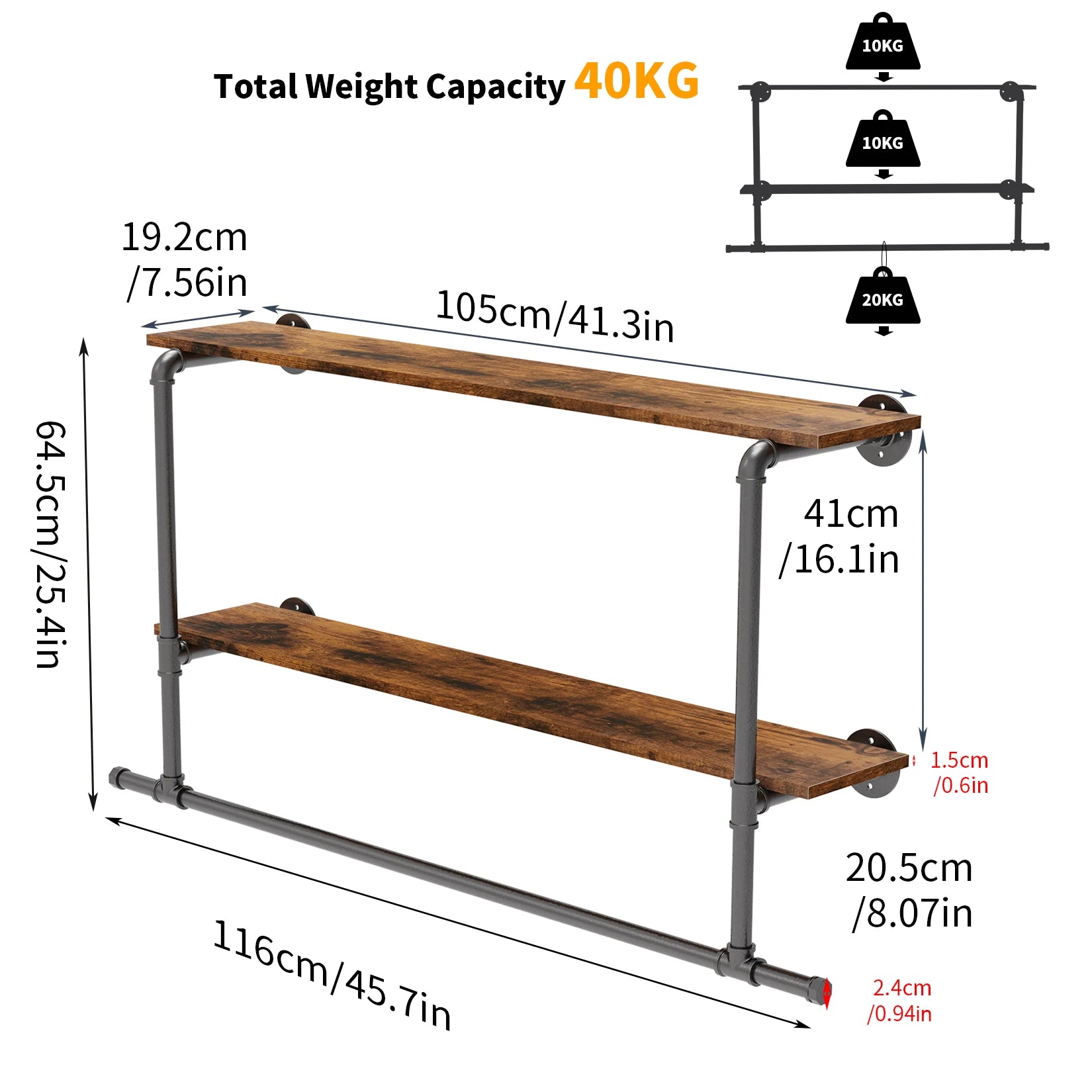 Industrial Pipe Clothing Rack Wall Mounted Wood Shelf,Pipe Shelving Floating Shelves,Retail Garment Rack Display Rack Clothes