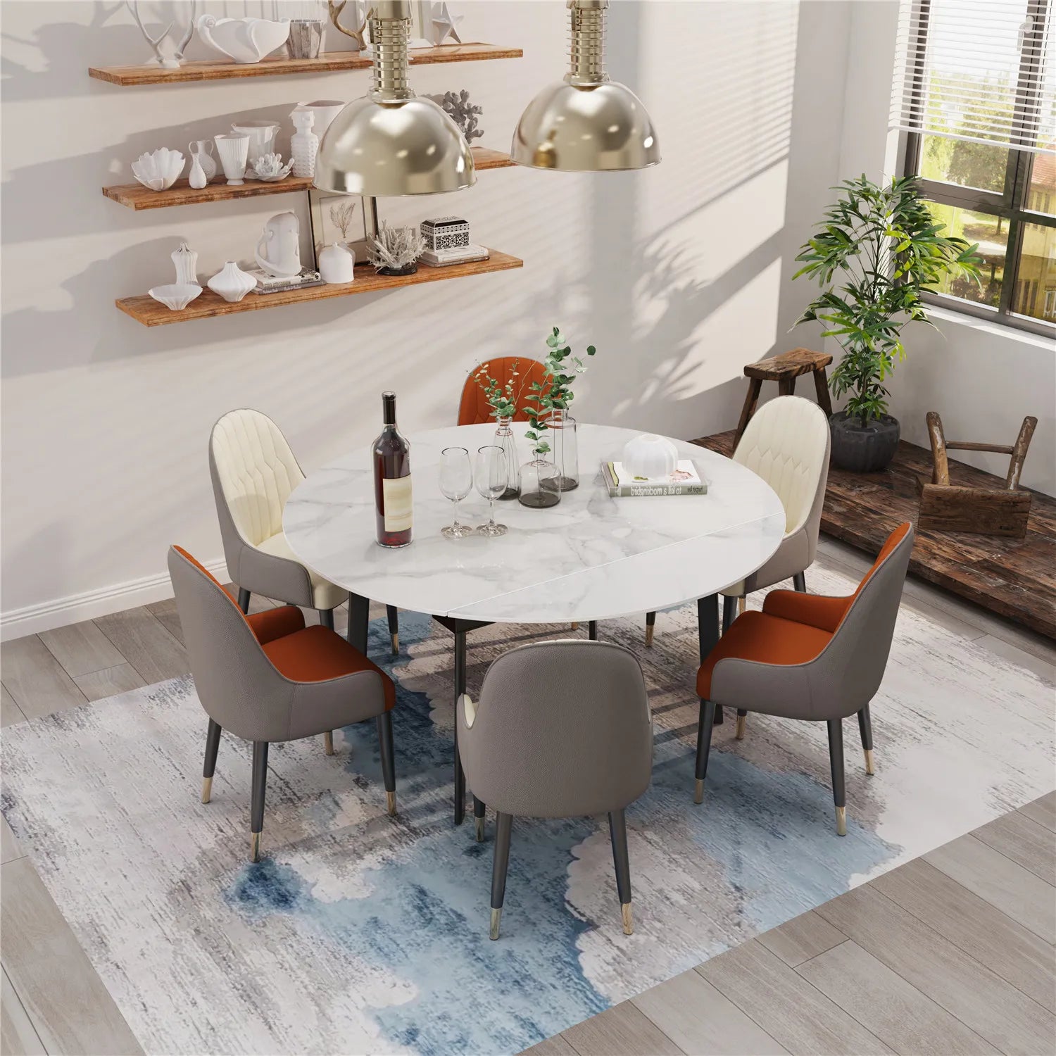 Round Extendable Dining Table Sintered Stone Kitchen Dining Set for 4-6 Perons Retractable  No Chairs