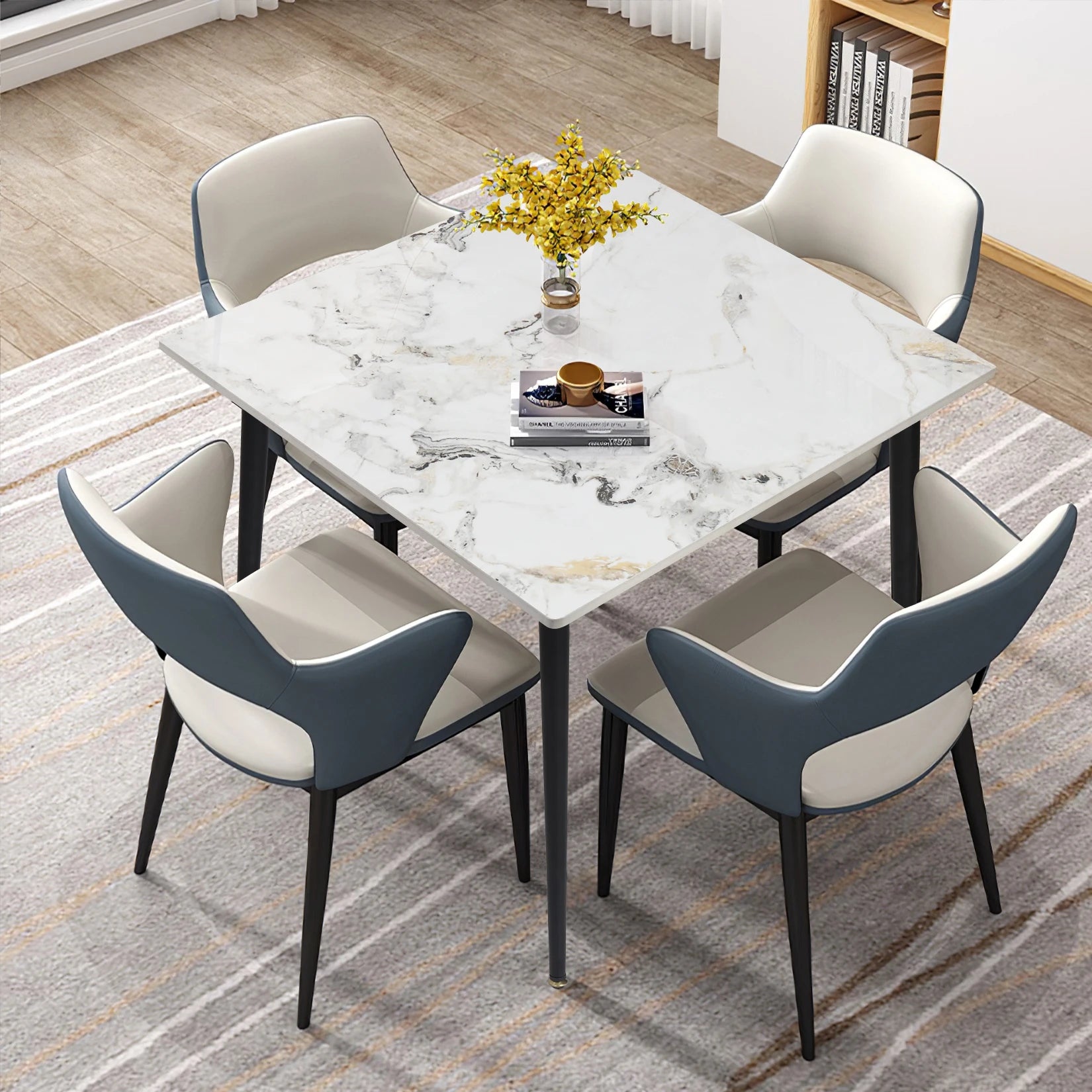 Mid-Century Slate Kitchen Dining Table with Sintered Stone Top and Metal Legs, Desk for Living Room, Dining Room