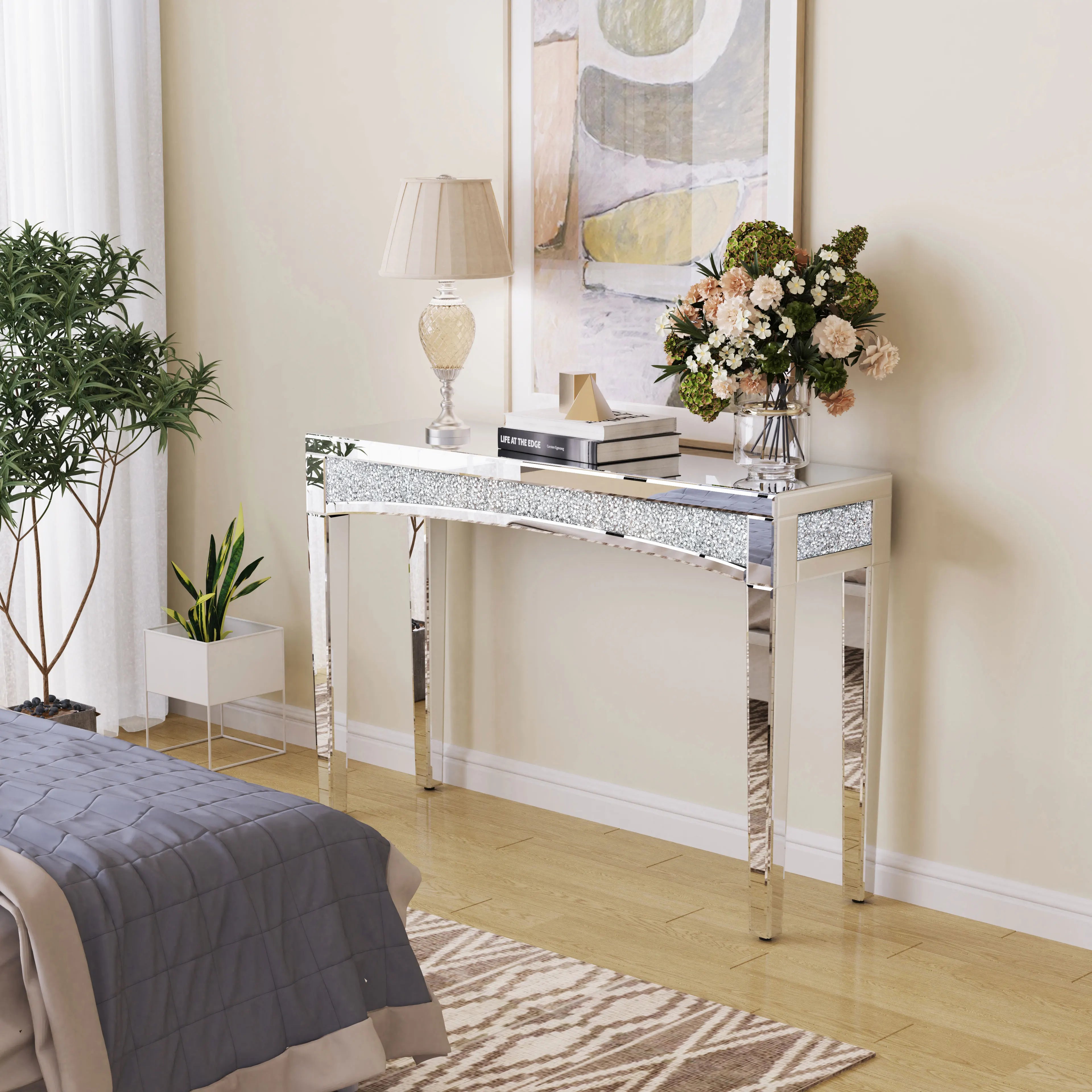 47.2" Mirrored Desk Silver Console Table Mirror Sofa Table with Crystal Inlay Front for Living Room, Entryway, Foyer