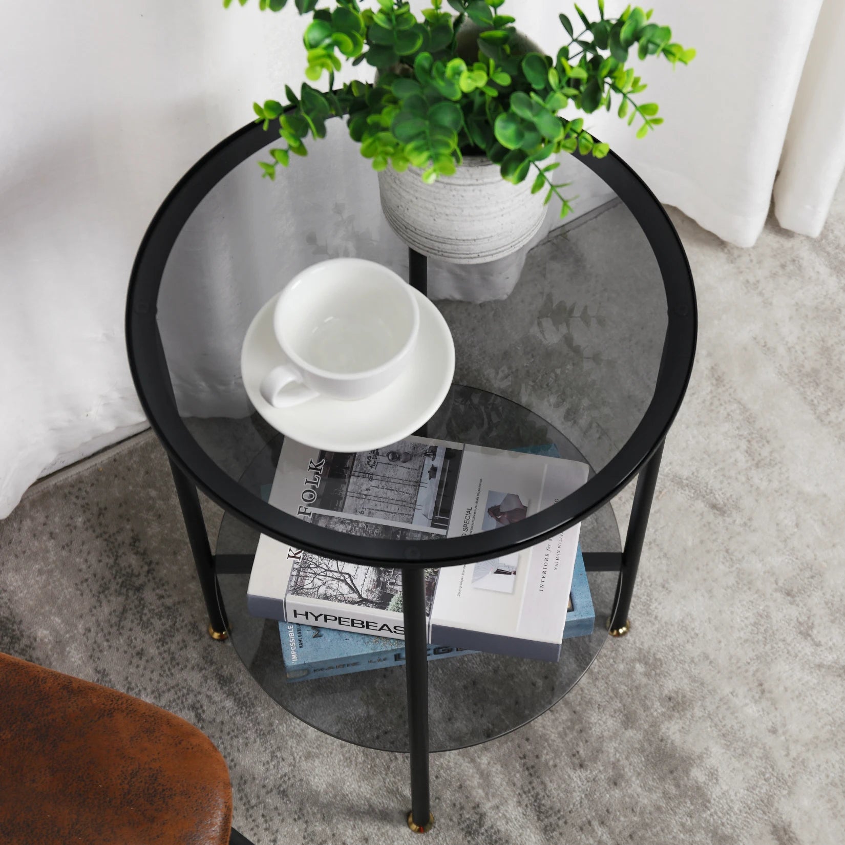 2-Tier Round Glass Coffee Table - Modern Sofa Side Table with Metal Frame for Living Room