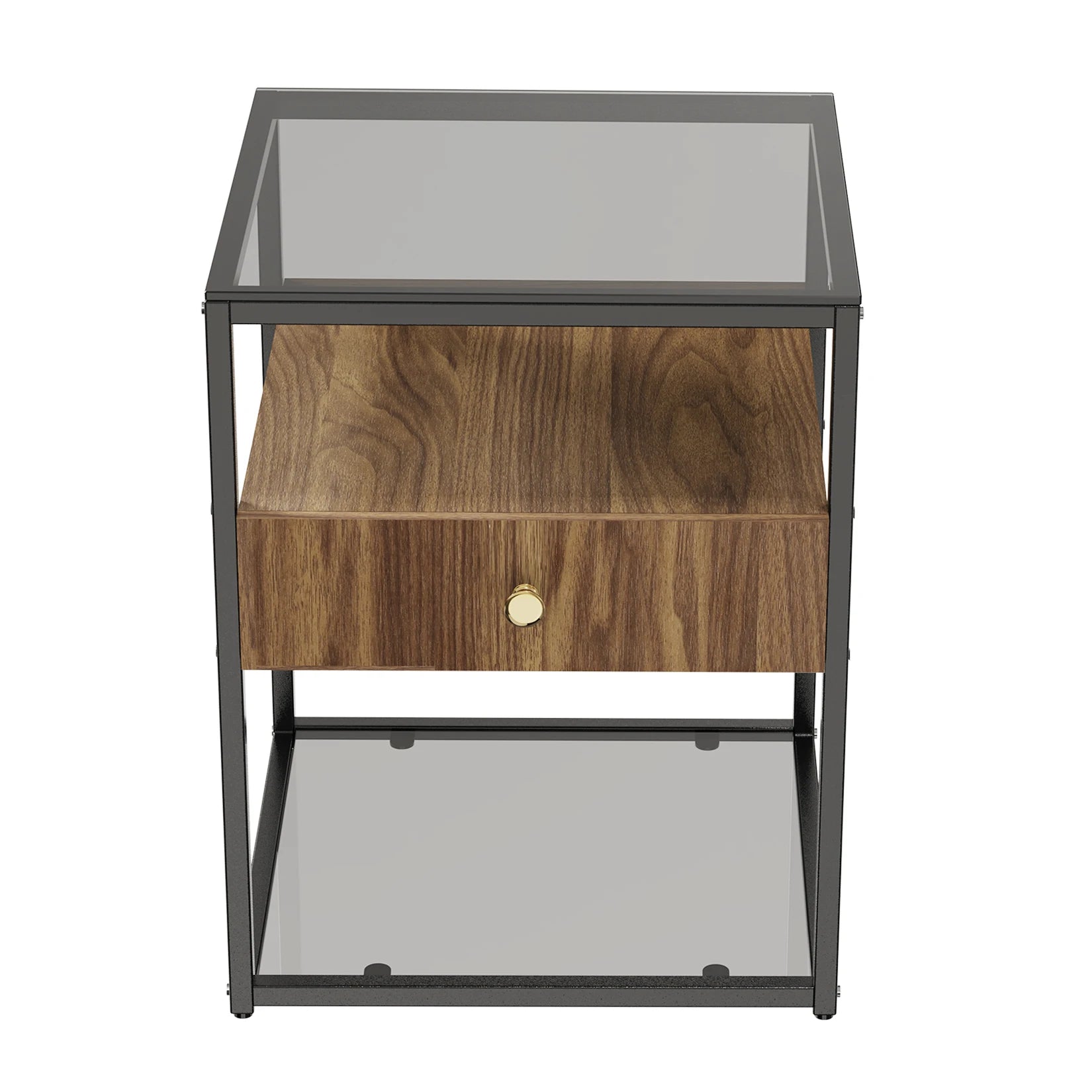 Tempered Glass Side Table, Nightstand, with Drawer and Shelf, Decoration in Living Room, Stable Steel Frame