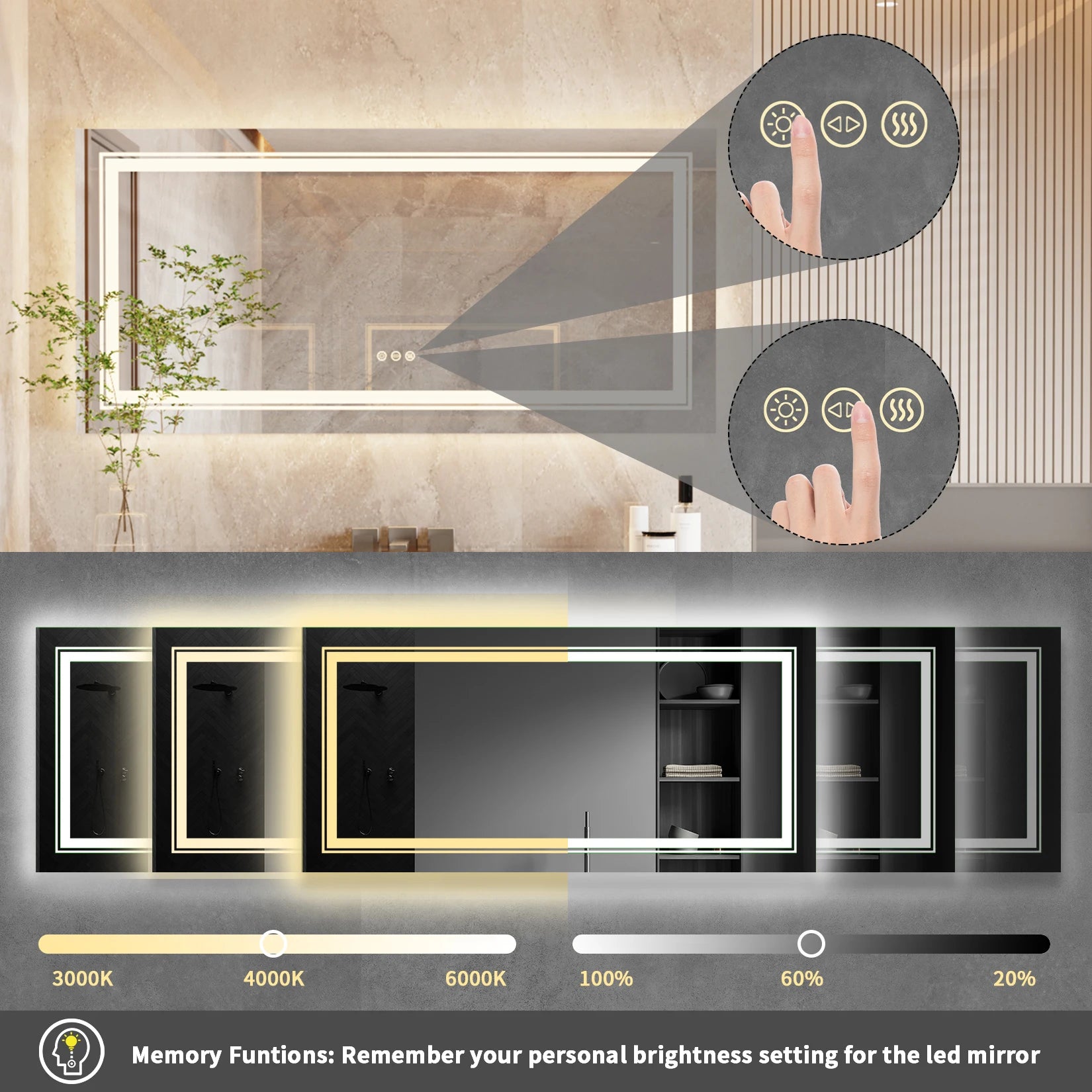 LED Bathroom Mirror Large Illuminated Dimmable Vanity Mirror with Lights, Backlit and Front Lighted Makeup Mirror for Wall