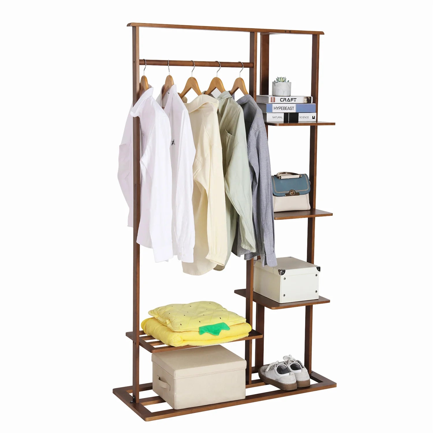 3-in-1 Bamboo Hall Tree, Clothes Rack with Shelves & Shoe Bench, Heavy Duty Clothes Organizer with hanging Rod