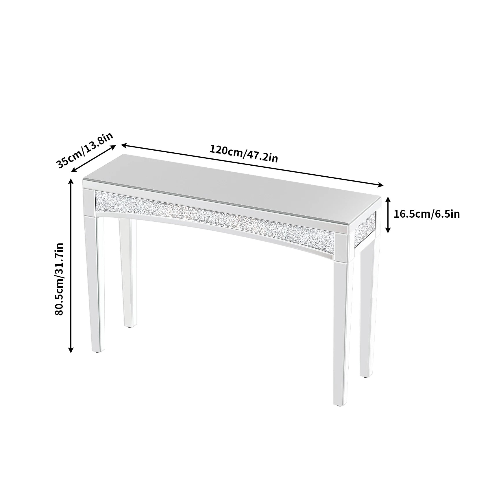 47.2" Mirrored Desk Silver Console Table Mirror Sofa Table with Crystal Inlay Front for Living Room, Entryway, Foyer