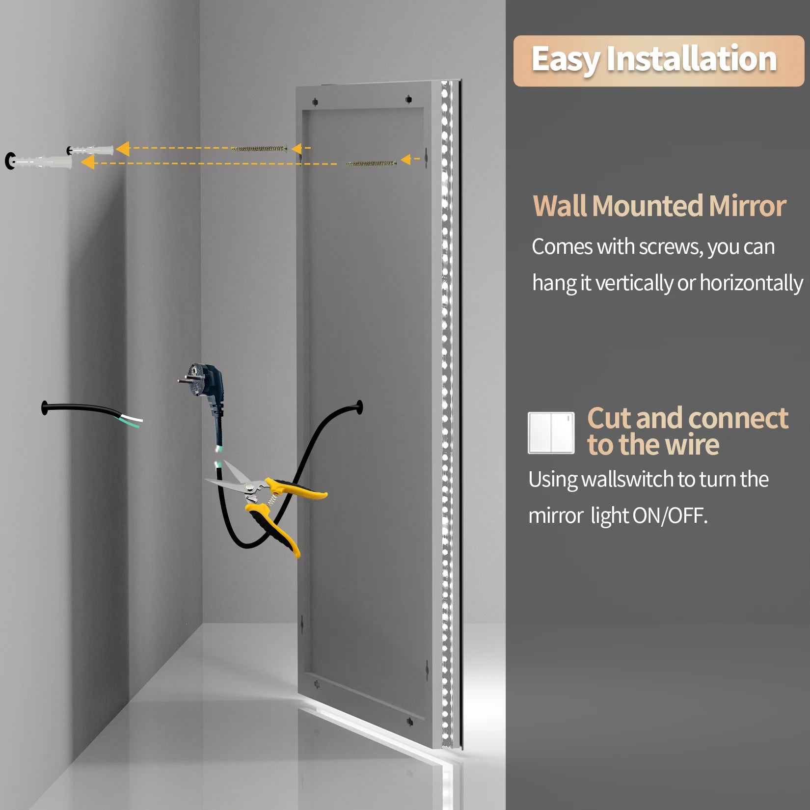 LED Bathroom Mirror Large Illuminated Dimmable Vanity Mirror with Lights, Backlit and Front Lighted Makeup Mirror for Wall