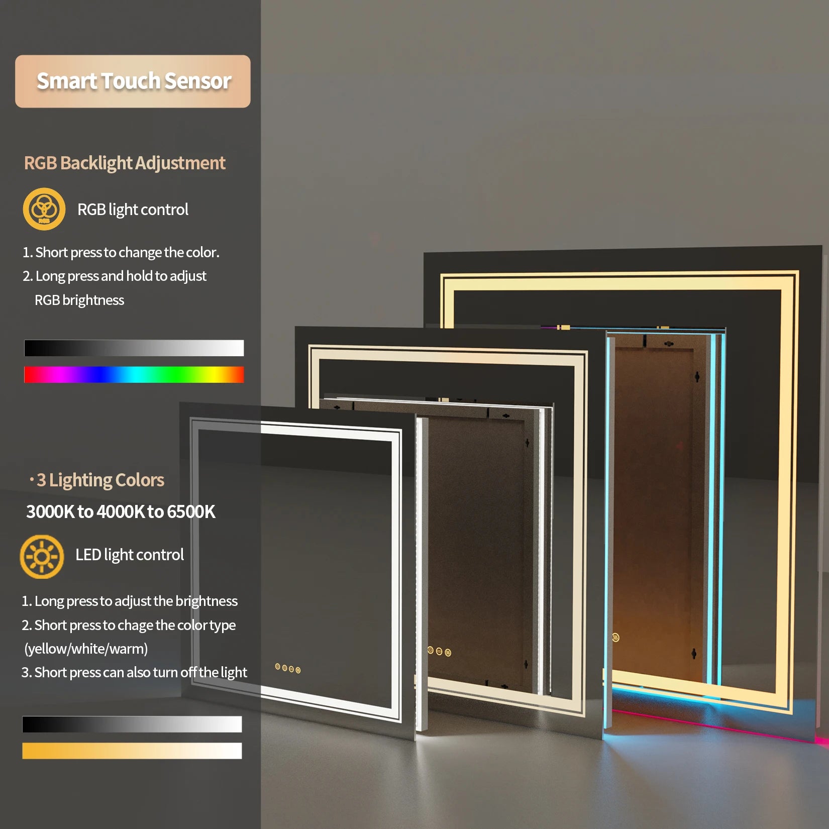 RGB Backlit Front Lighted Mirror 32 Inch Square Dimmable 11 Color Changing Smart Anti-Fog Vanity Mirrors with Light Memory
