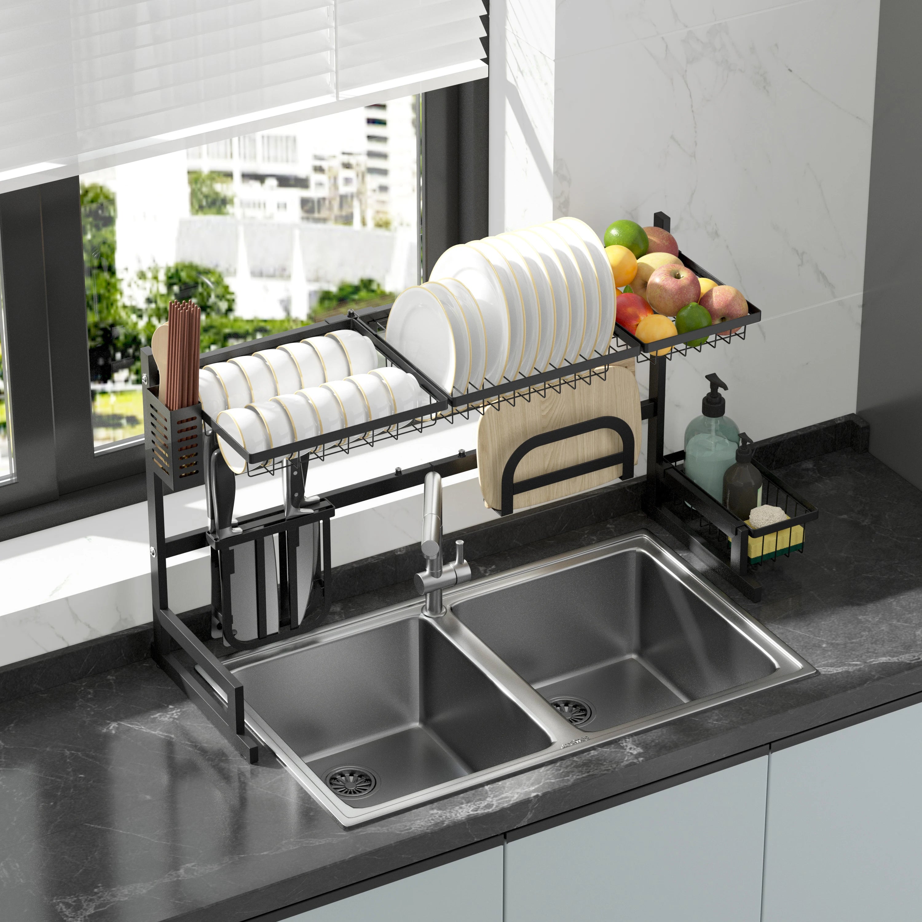 Adjustable Large Dish Drying Rack Metal Over the Sink Storage 2-Tier Kitchen Organizer with Utensils Holder, Chopstick Holder