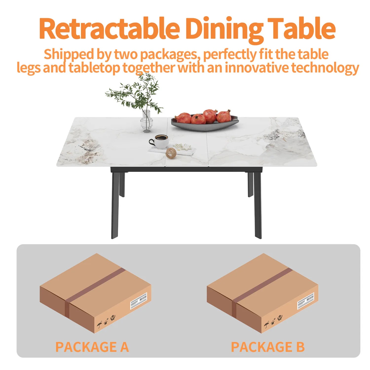 Extendable Kitchen Dining Table: 59"-70.9" Rectangular Sintered Stone Retractable Table for 6-8 Person - White Push-Pull