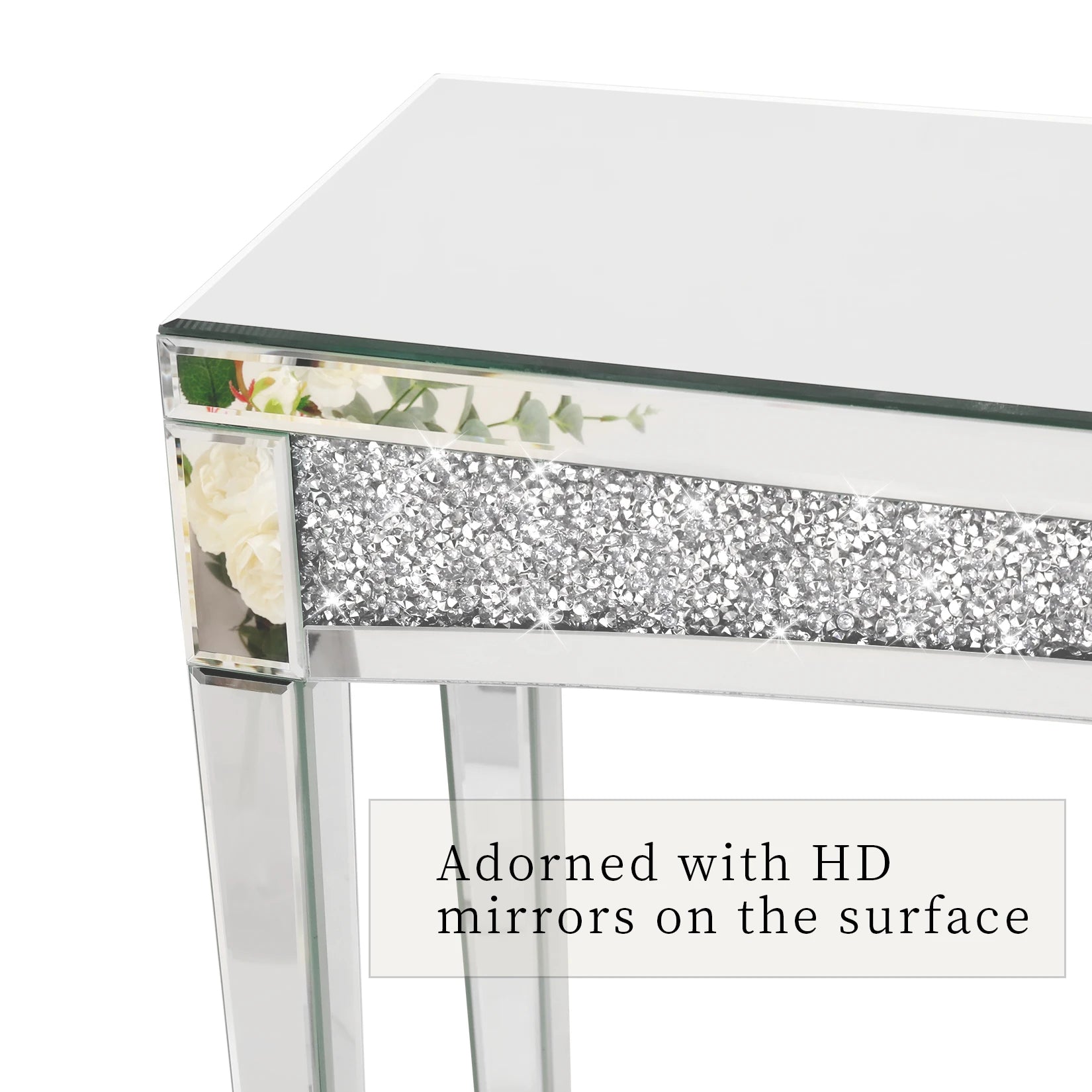 47.2" Mirrored Desk Silver Console Table Mirror Sofa Table with Crystal Inlay Front for Living Room, Entryway, Foyer