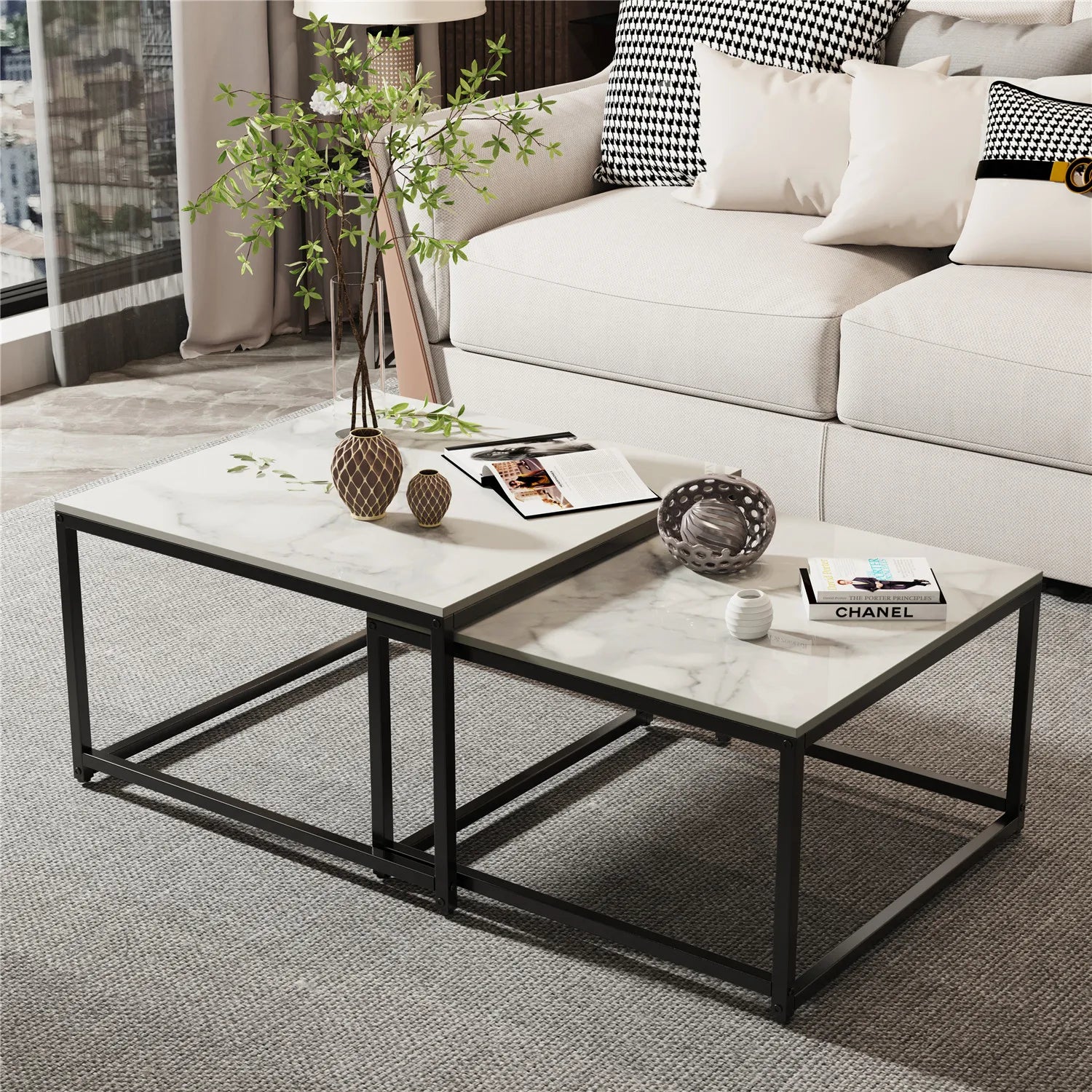 Modern Nesting Coffee Table Set of 2 for Living Room Center Office, Square Marble Cocktail Table with Stackable, White/Black