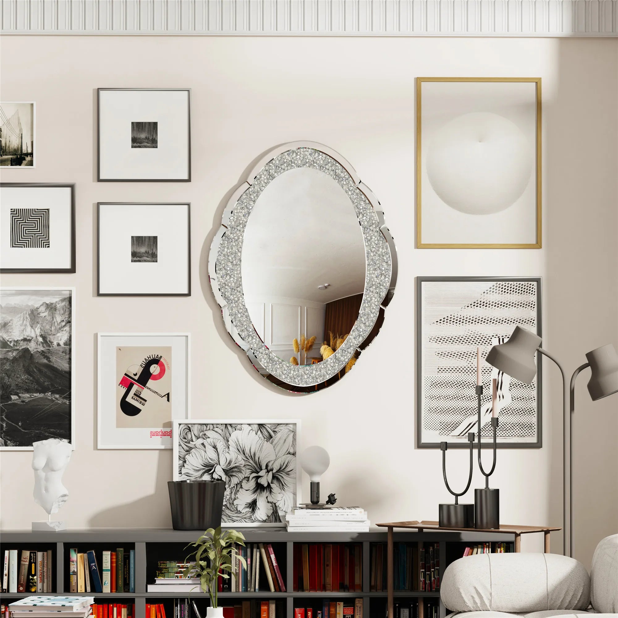 24x32'' Silver Wall Mirror - Elegant Cloud-Shaped Diamond Design for Bathroom, Bedroom & Hallway