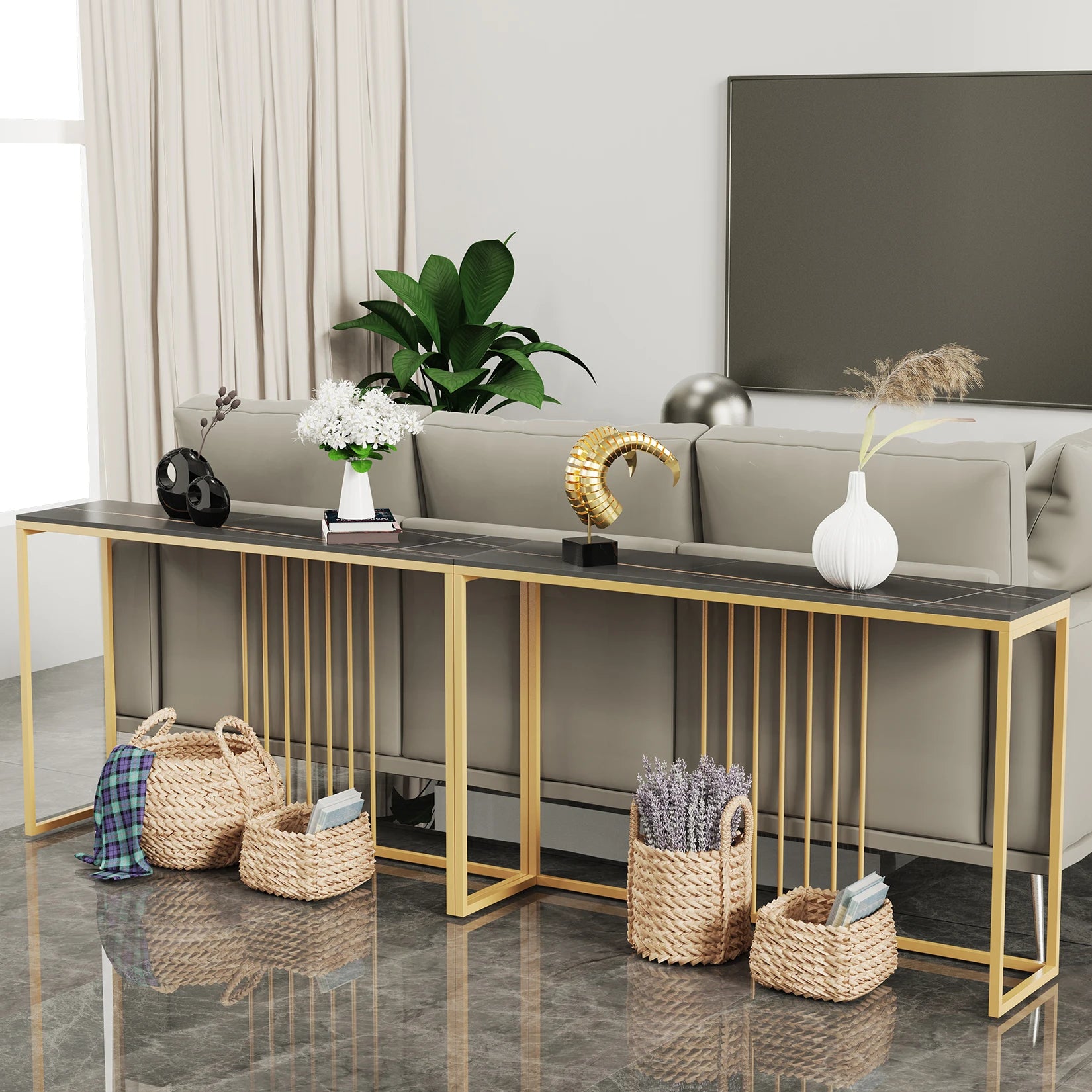 47.2" Extra Long Console Table Sintered Top Gold Metal Leg Sofa Table for Hallway Entryway