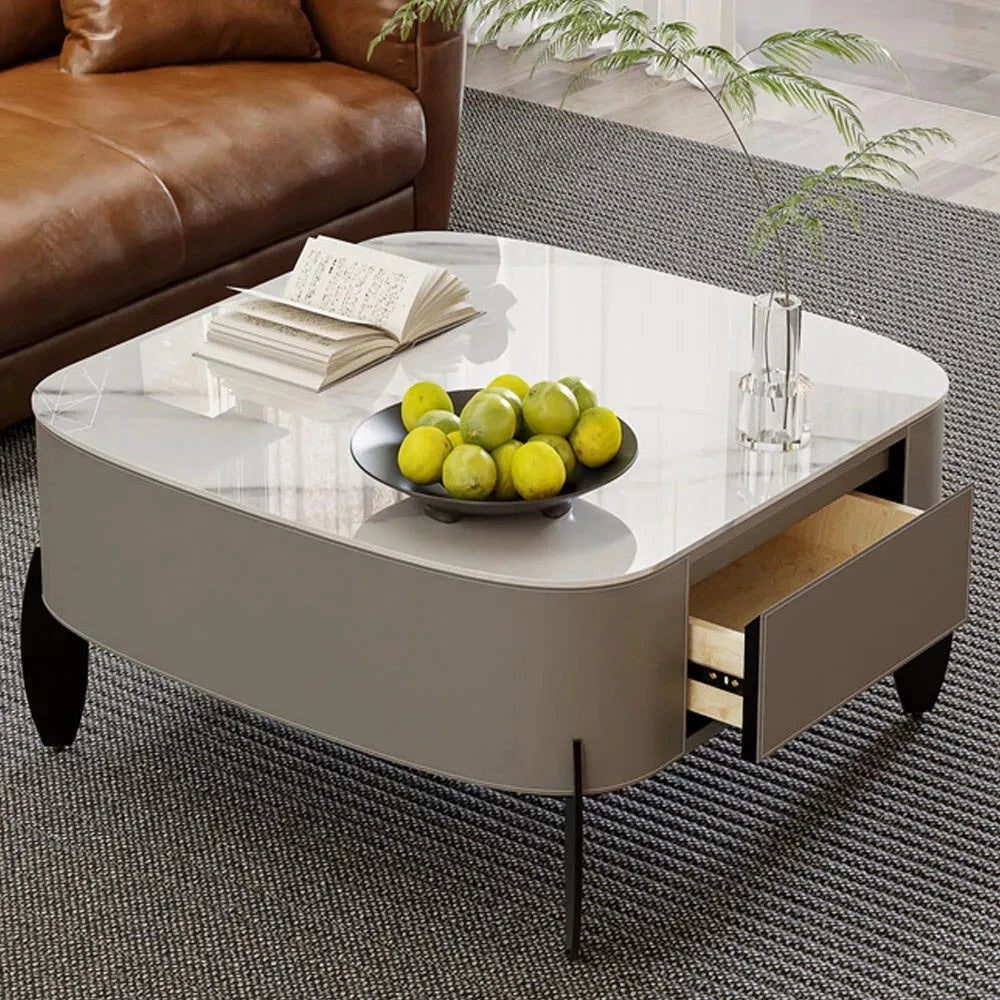 Large Modern Coffee Table with Drawers, Coffee Table with Metal Legs Center Marble  Table