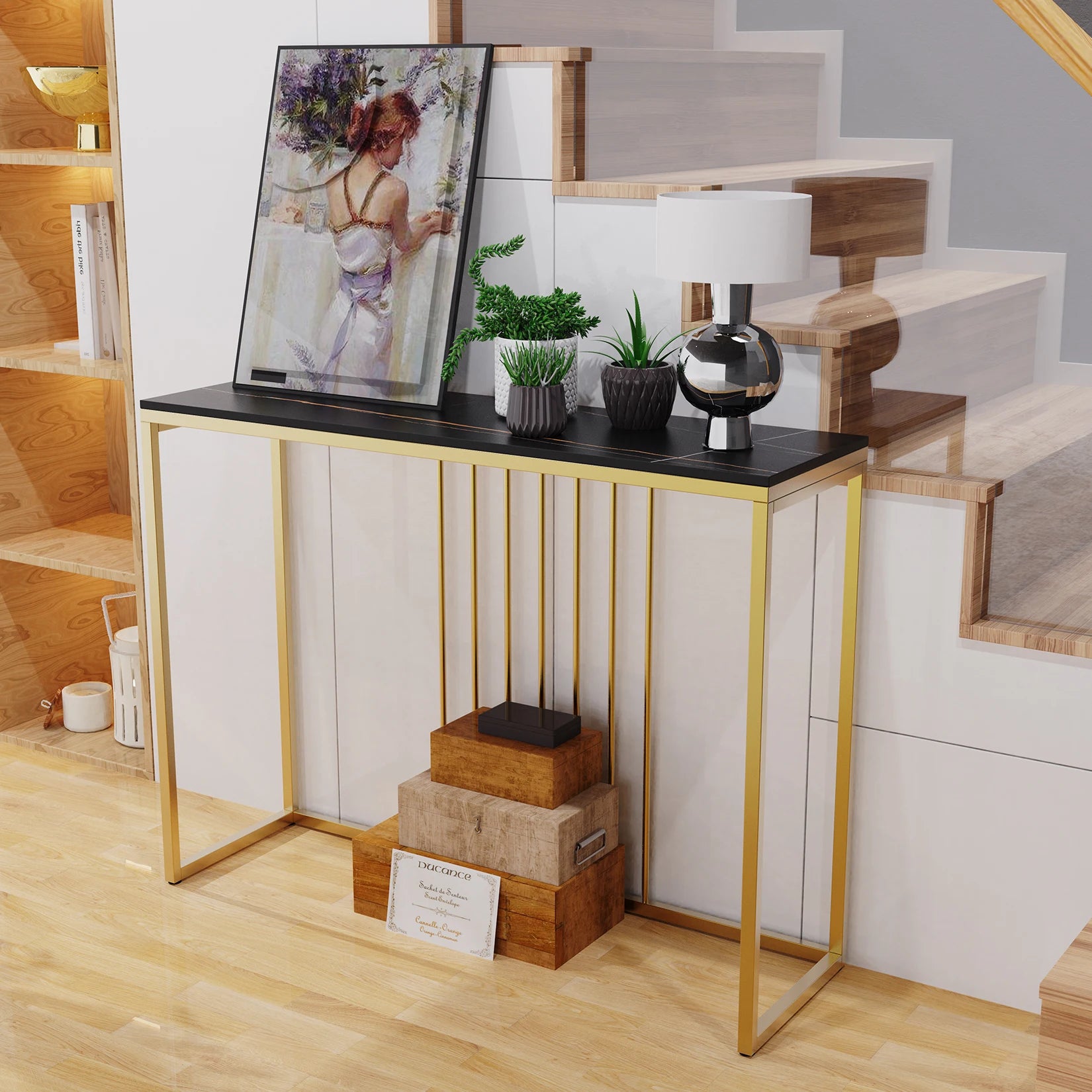 Modern Accent Console Marble Table Gold Metal Frame Storage Display Shelf Narrow Table for Hallway Entryway Living Room Entrance