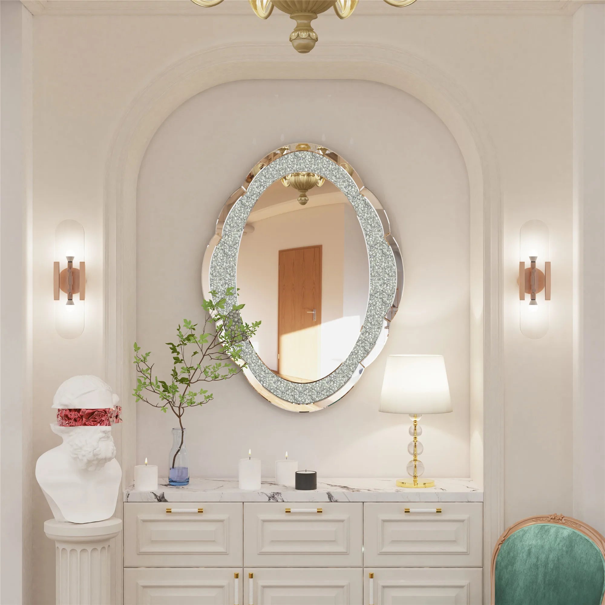 24x32'' Silver Wall Mirror - Elegant Cloud-Shaped Diamond Design for Bathroom, Bedroom & Hallway