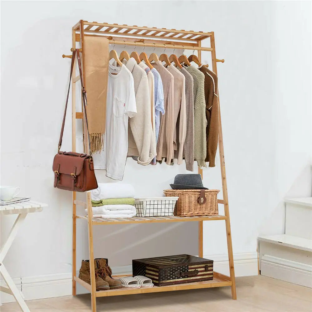 Bamboo Garment Coat Clothes Hanging Heavy Duty Rack with top shelf and 2-tier Shoe Clothing Storage Organizer Shelves