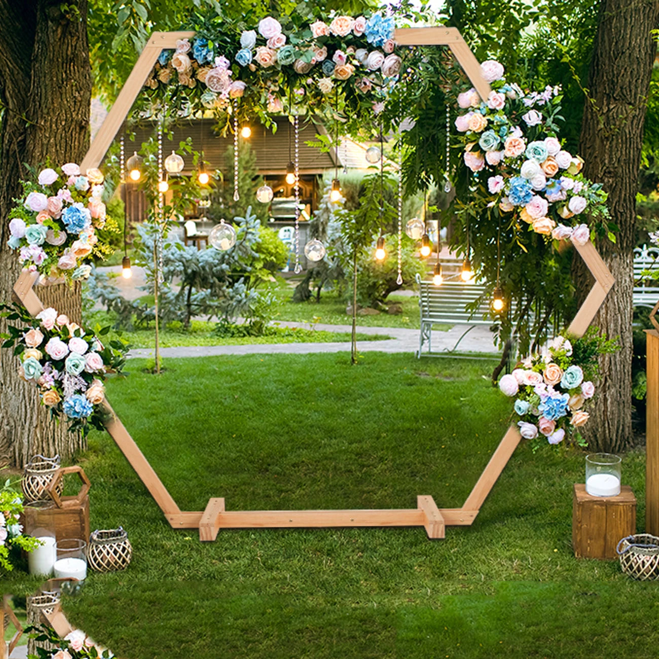 Hexagonal Wooden Wedding Ceremony Arch Bridal Party Backdrop Arch Stand Garden Arbor for Outdoor Weddings, Flowers Garland