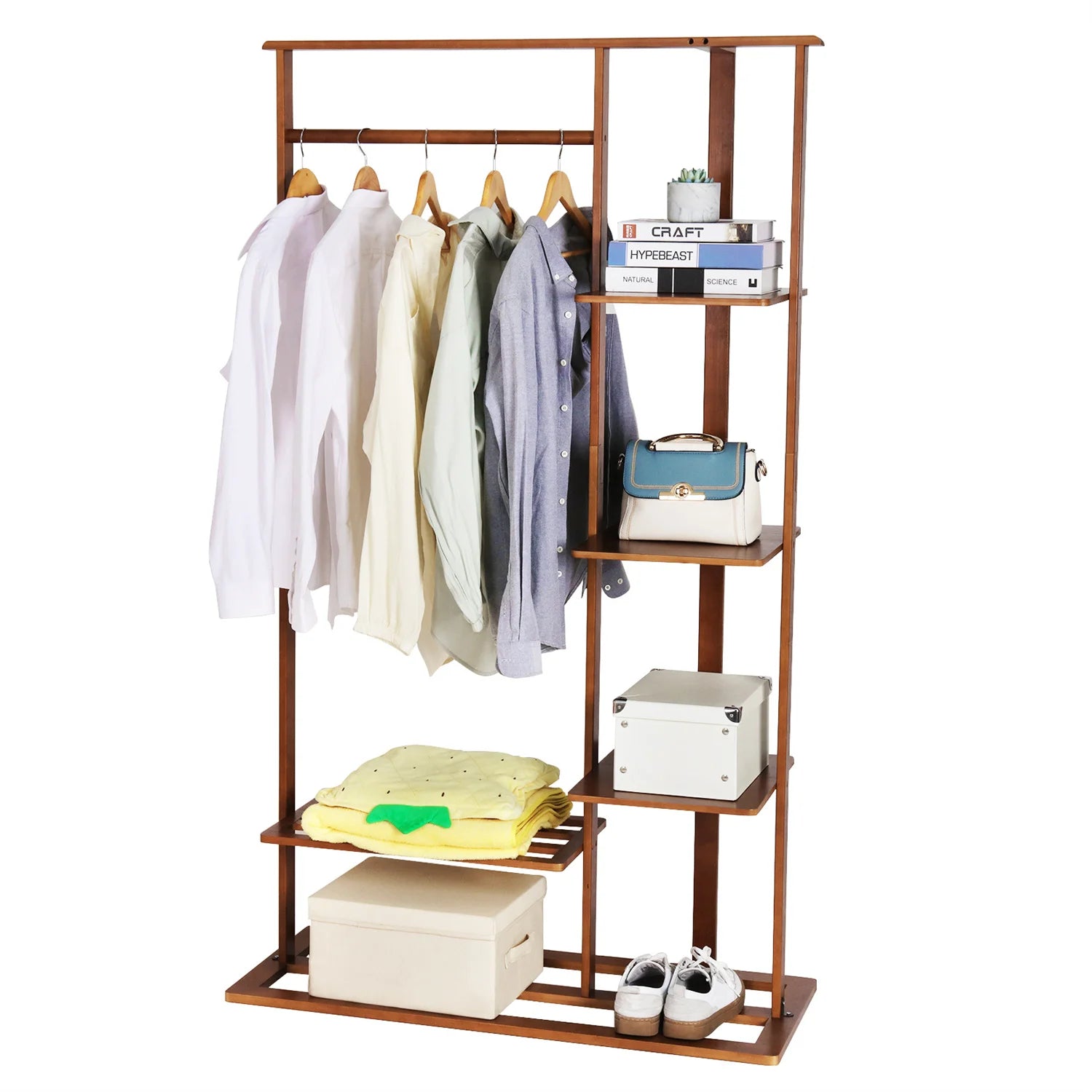 3-in-1 Bamboo Hall Tree, Clothes Rack with Shelves & Shoe Bench, Heavy Duty Clothes Organizer with hanging Rod