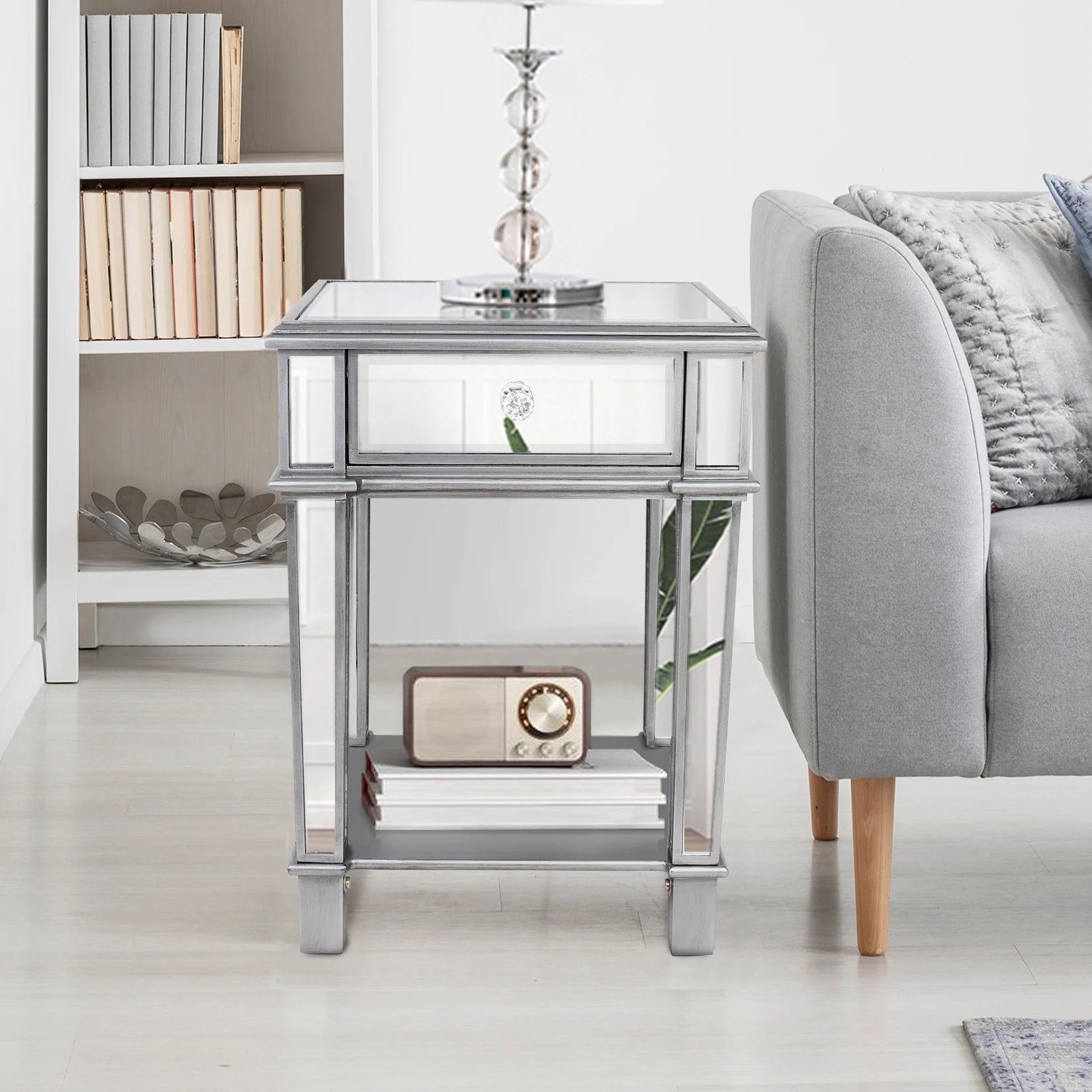 Heavy Duty Mirrored Nightstands Modern Bedside Table 1 Drawer Glass Side End Table Silver Dresser for Bedroom