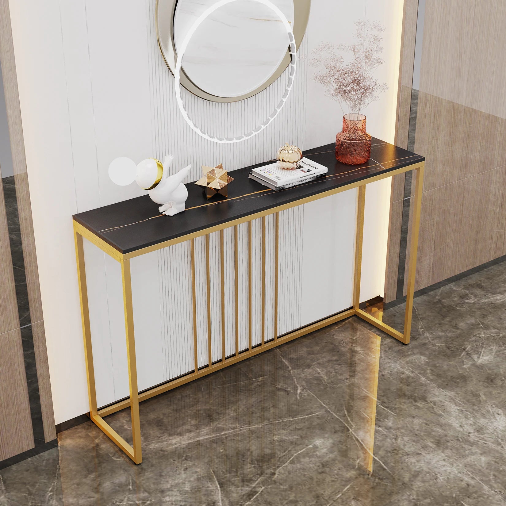 47.2" Extra Long Console Table Sintered Top Gold Metal Leg Sofa Table for Hallway Entryway