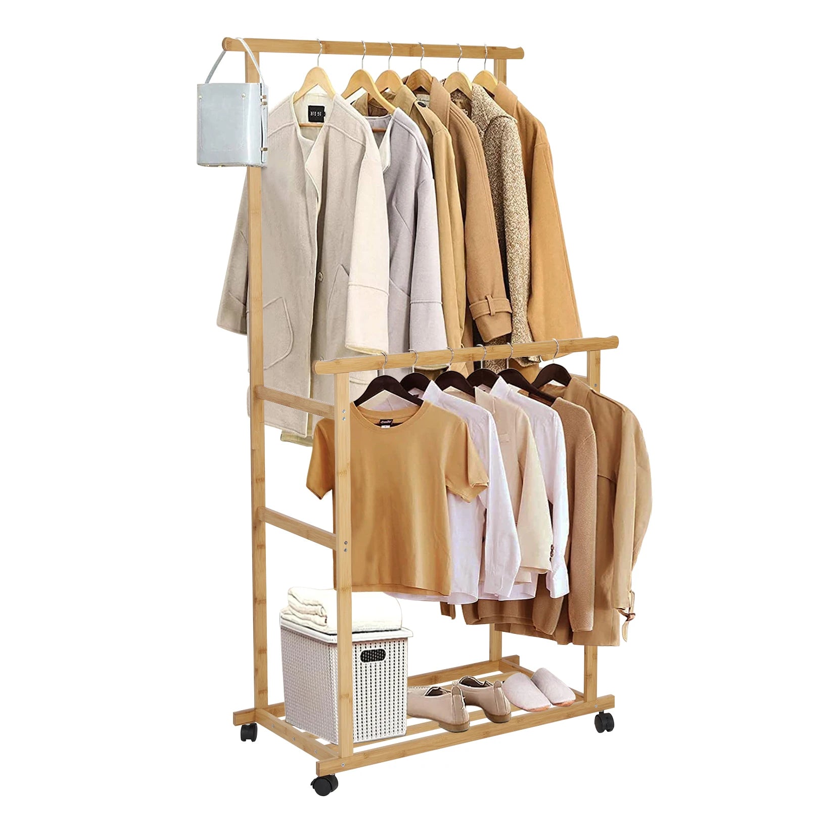 Bamboo Garment Coat Clothes Hanging Heavy Duty Rack with Shoe Clothing Storage Organizer Shelves