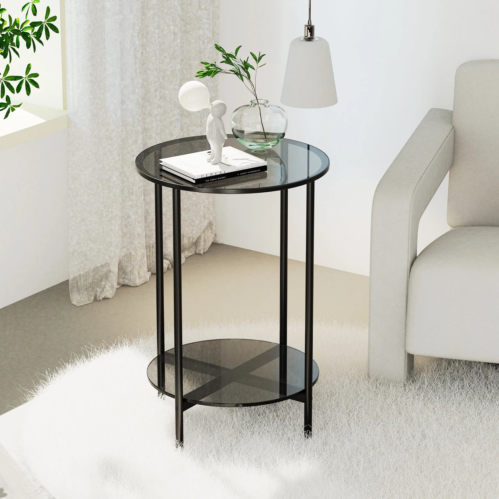 2-Tier Round Glass Coffee Table - Modern Sofa Side Table with Metal Frame for Living Room