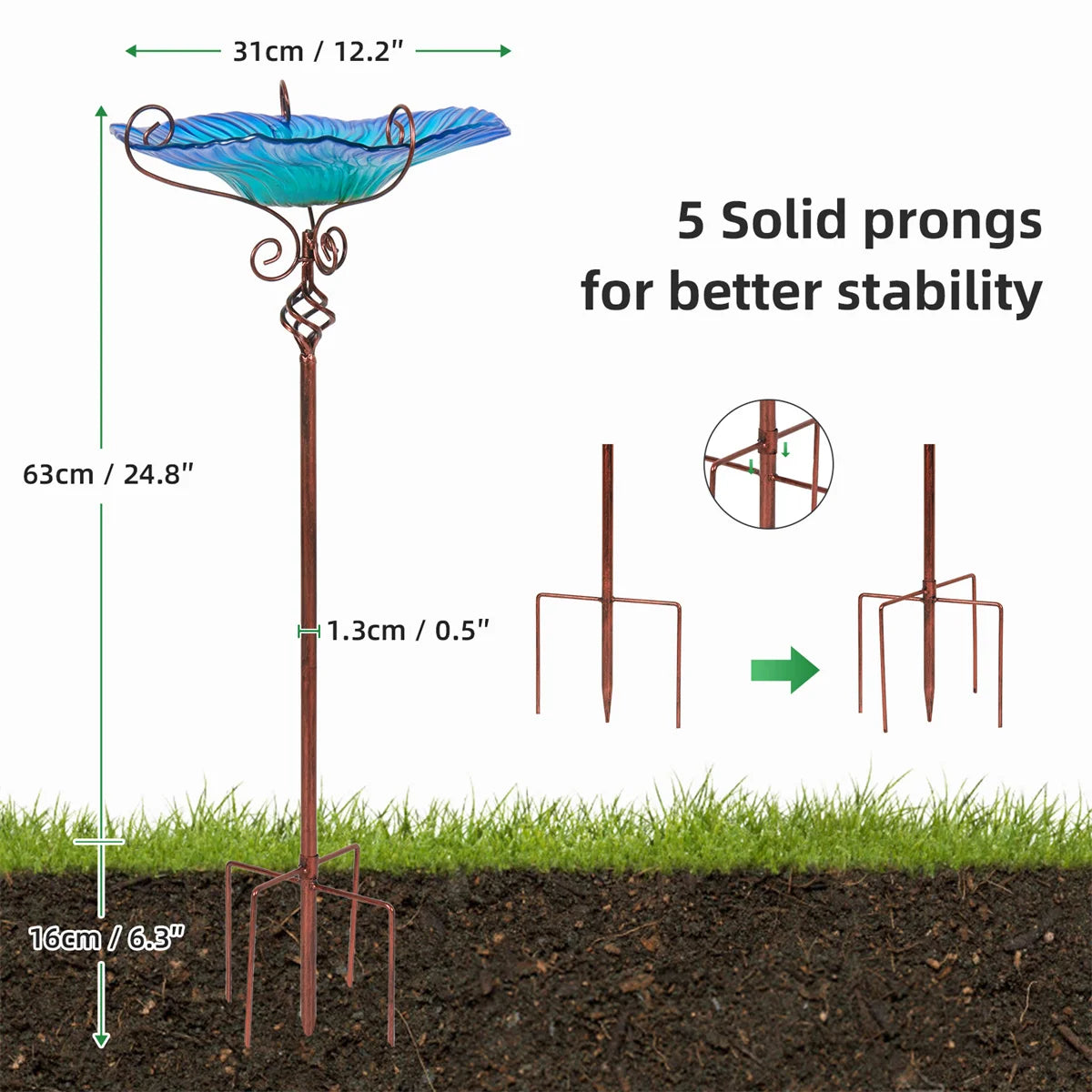 30'' Height Flower Glass Bird Bath Garden Outdoor Birdbaths Bird Feeder with Metal Stake for Yard Decor