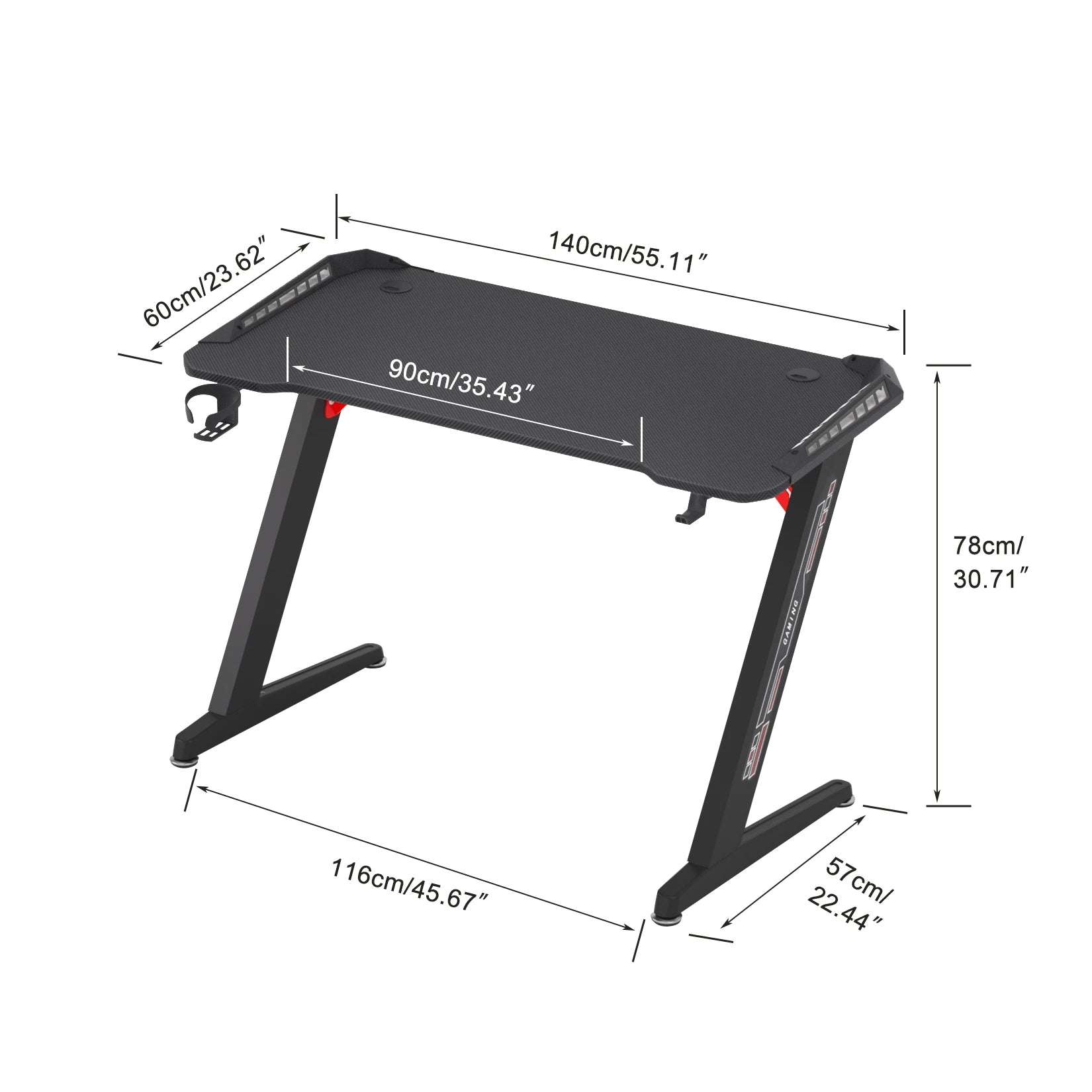 Z-Shaped Computer Gaming Desk w/ RGB LED Lights Home Office Table X-Large 140cm