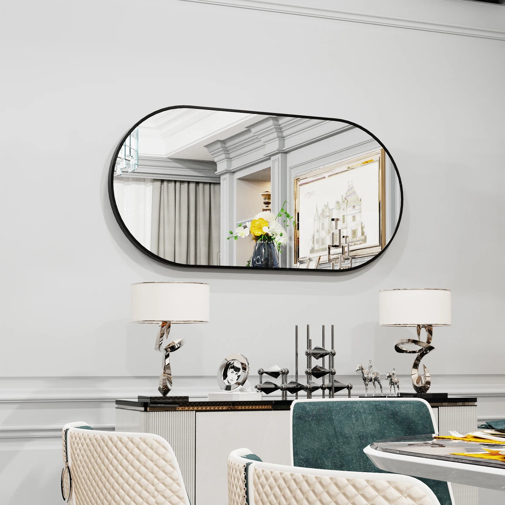 Black Oval Mirror, 20x40"Oval Black Mirror Metal Frame for Bathroom, Entryway, Living Room Vertical & Horizontal Hang