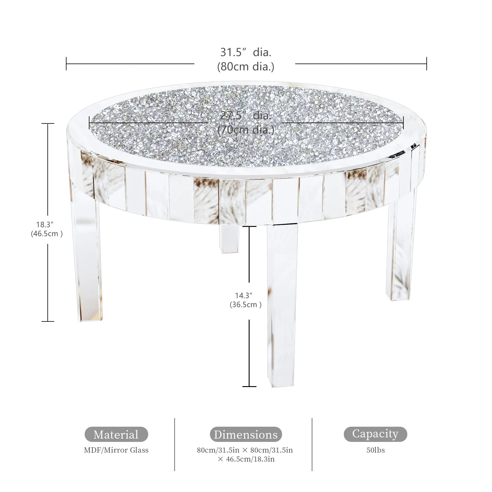 Mirrored Coffee Table with Crystal Inlay, 31.5'' Modern Round Coffee Table with Mirror Surface, Silver Accent Table Living Room