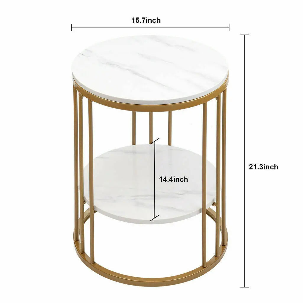 2-Tier Round White Marble Side Table - Coffee Table & Nightstand with Storage