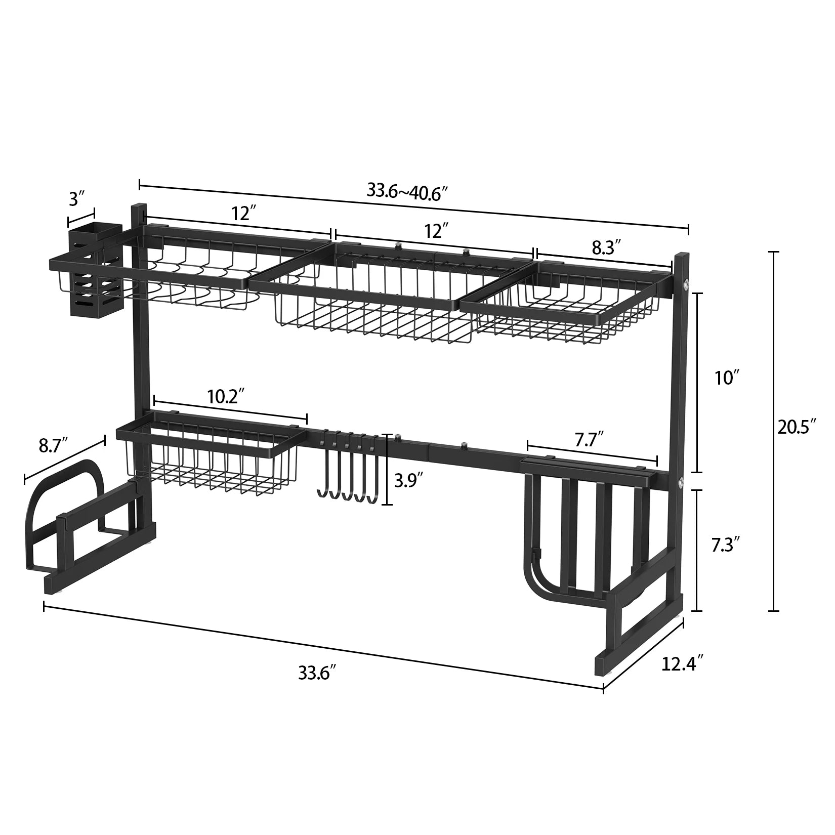 Adjustable Large Dish Drying Rack Metal Over the Sink Storage 2-Tier Kitchen Organizer with Utensils Holder, Chopstick Holder